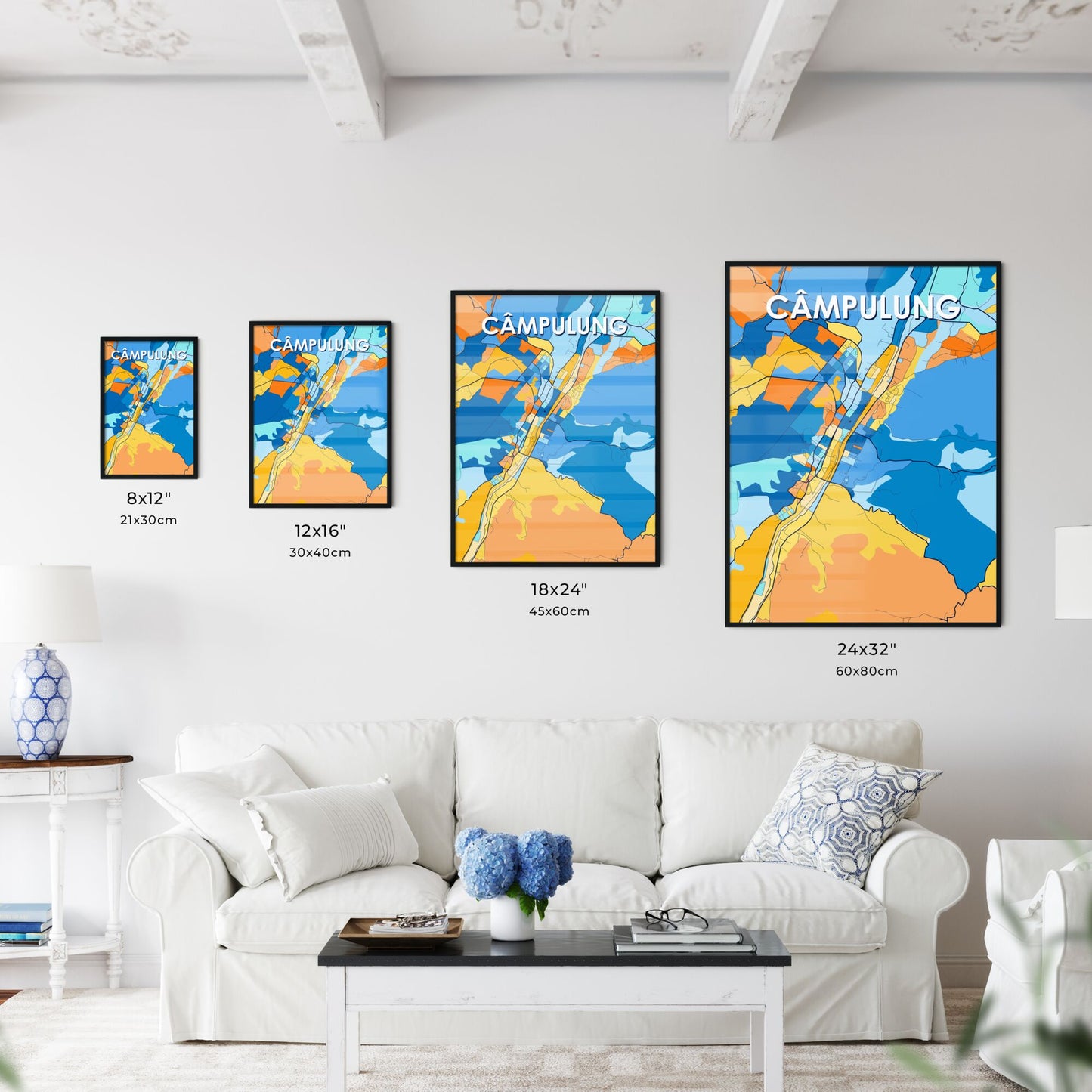 CÂMPULUNG ROMANIA Vibrant Colorful Art Map Poster Blue Orange