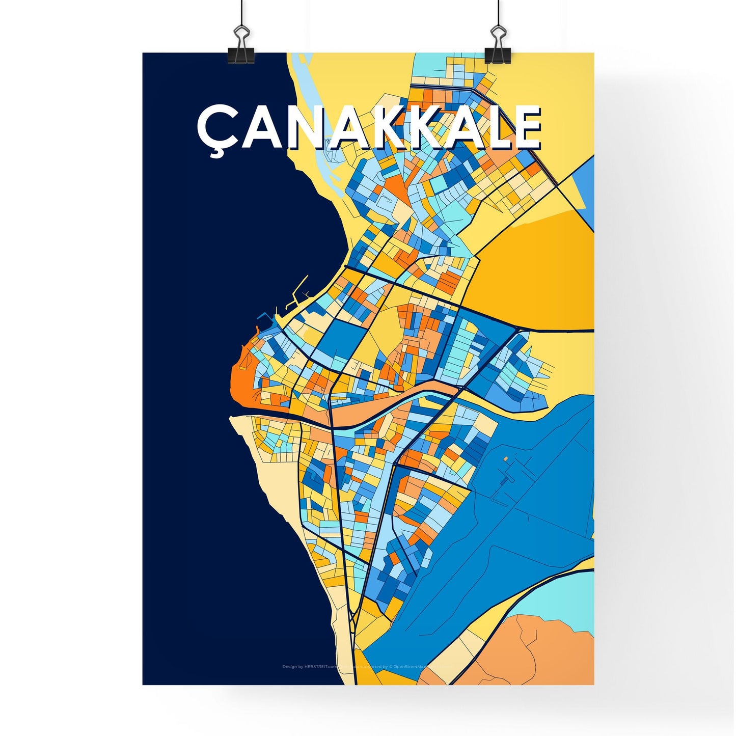 ÇANAKKALE TURKEY Vibrant Colorful Art Map Poster Blue Orange