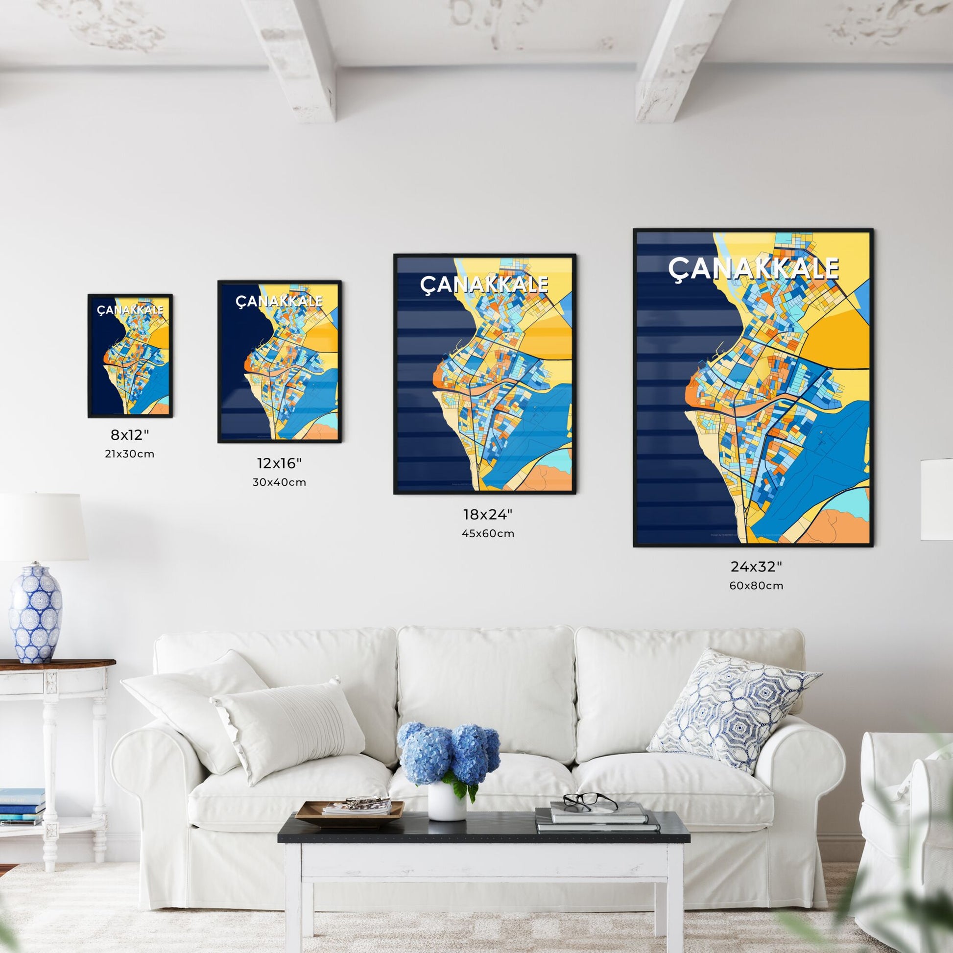 ÇANAKKALE TURKEY Vibrant Colorful Art Map Poster Blue Orange