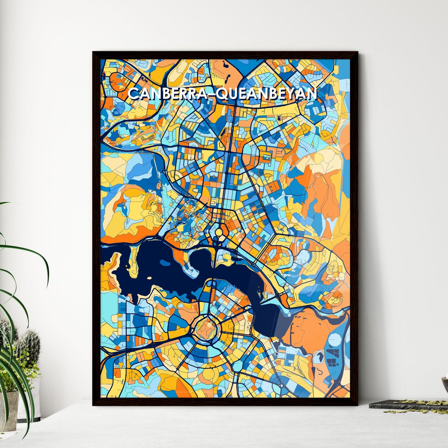 CANBERRA–QUEANBEYAN AUSTRALIA Vibrant Colorful Art Map Poster Blue Orange