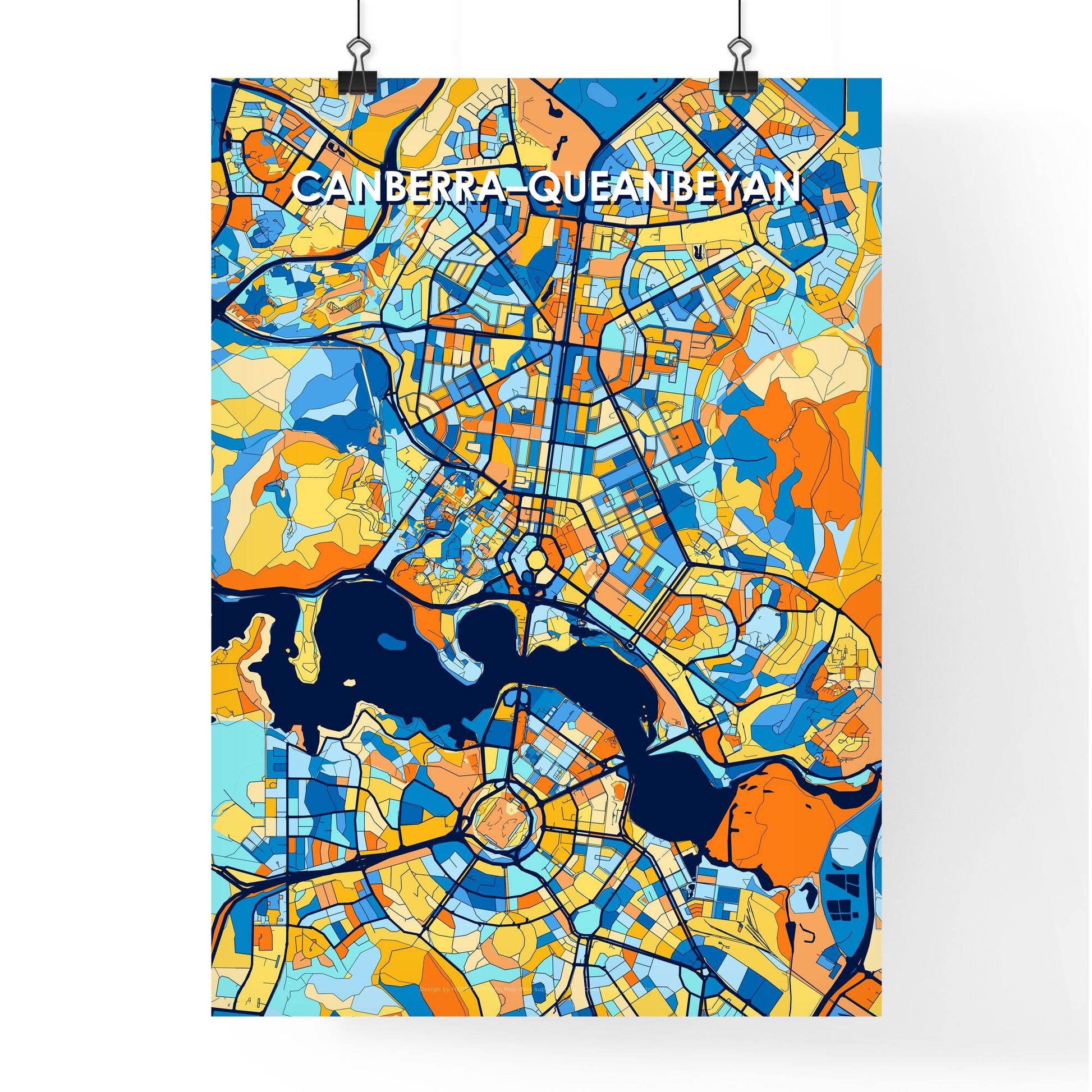 CANBERRA–QUEANBEYAN AUSTRALIA Vibrant Colorful Art Map Poster Blue Orange