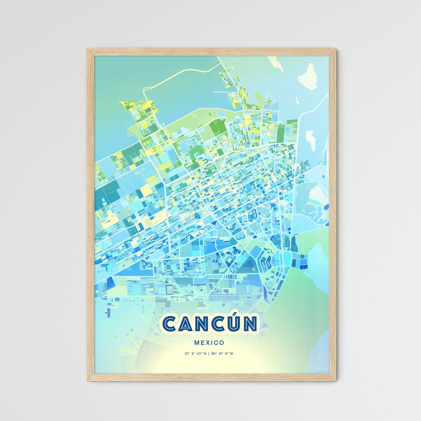Colorful Cancún Mexico Fine Art Map Cool Blue