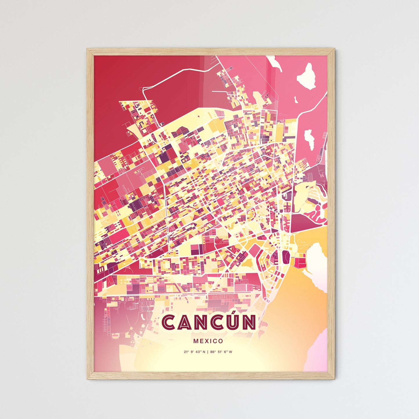 Colorful Cancún Mexico Fine Art Map Hot Red