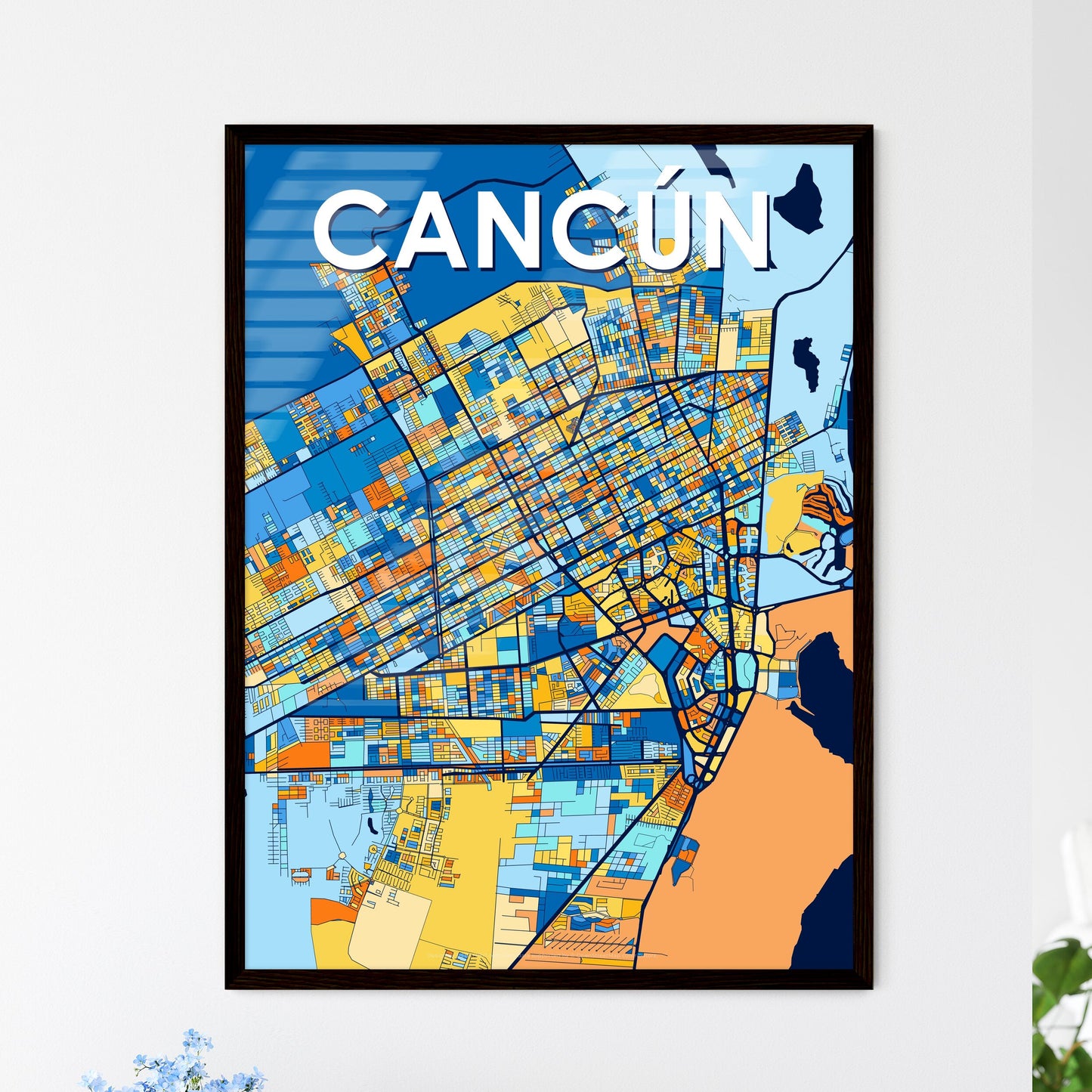 CANCÚN MEXICO Vibrant Colorful Art Map Poster Blue Orange