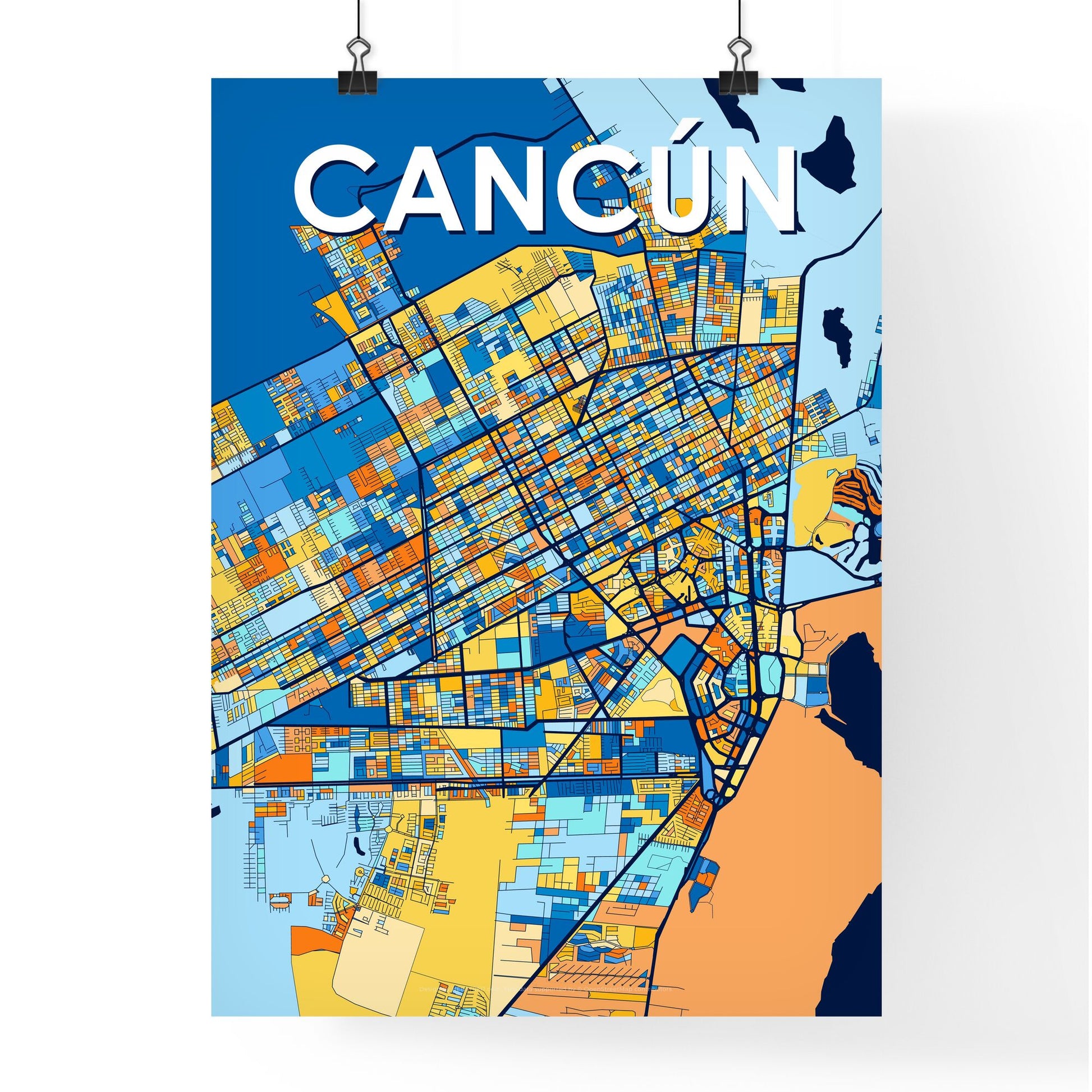 CANCÚN MEXICO Vibrant Colorful Art Map Poster Blue Orange