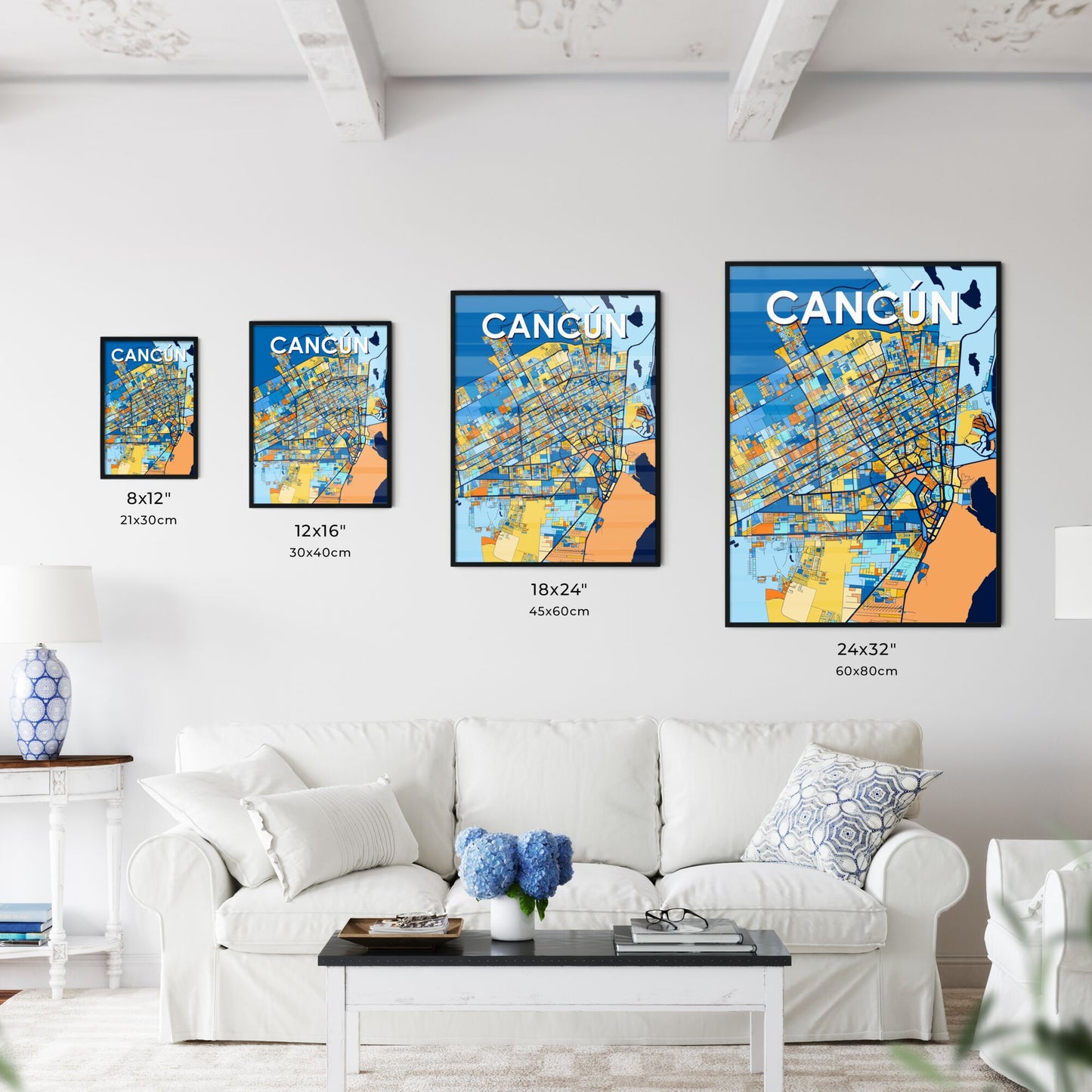 CANCÚN MEXICO Vibrant Colorful Art Map Poster Blue Orange