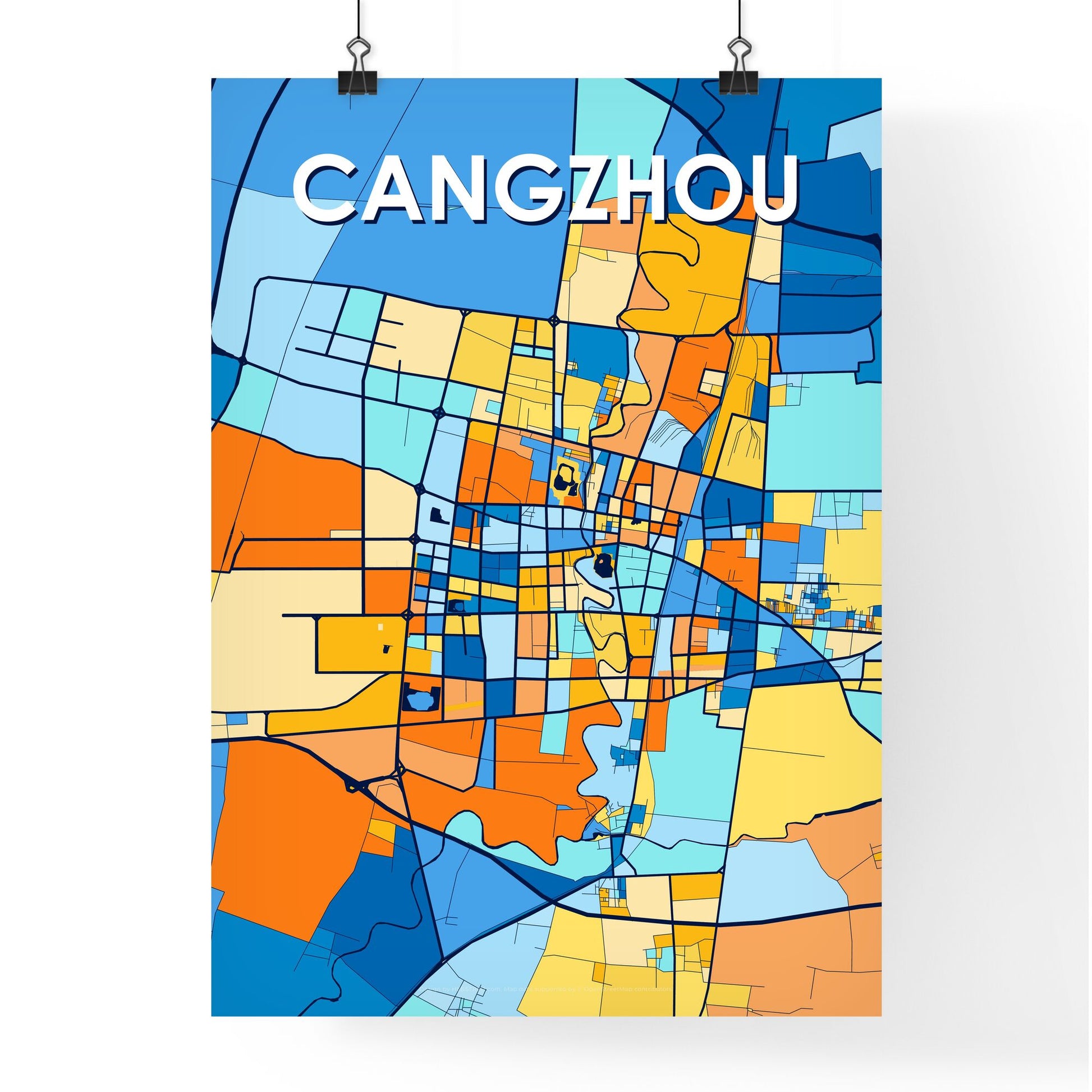 CANGZHOU CHINA Vibrant Colorful Art Map Poster Blue Orange