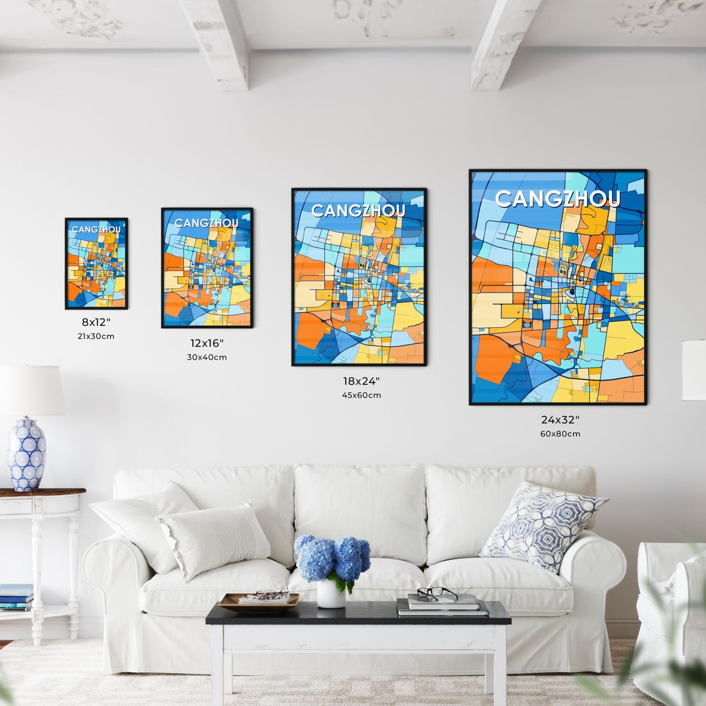 CANGZHOU CHINA Vibrant Colorful Art Map Poster Blue Orange