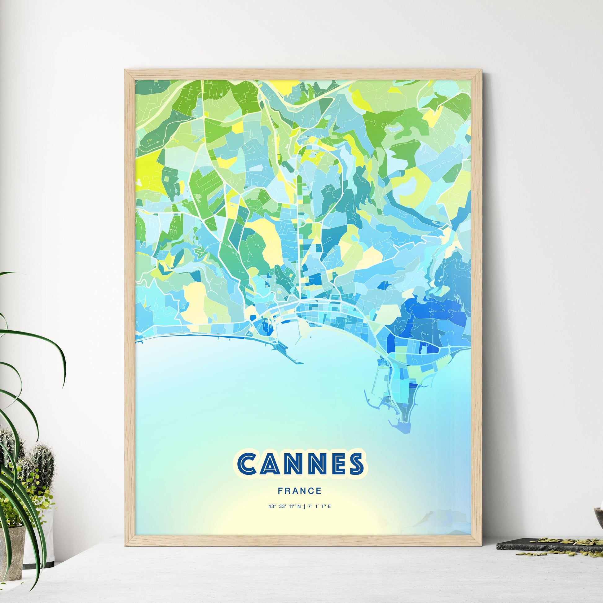 Colorful Cannes France Fine Art Map Cool Blue
