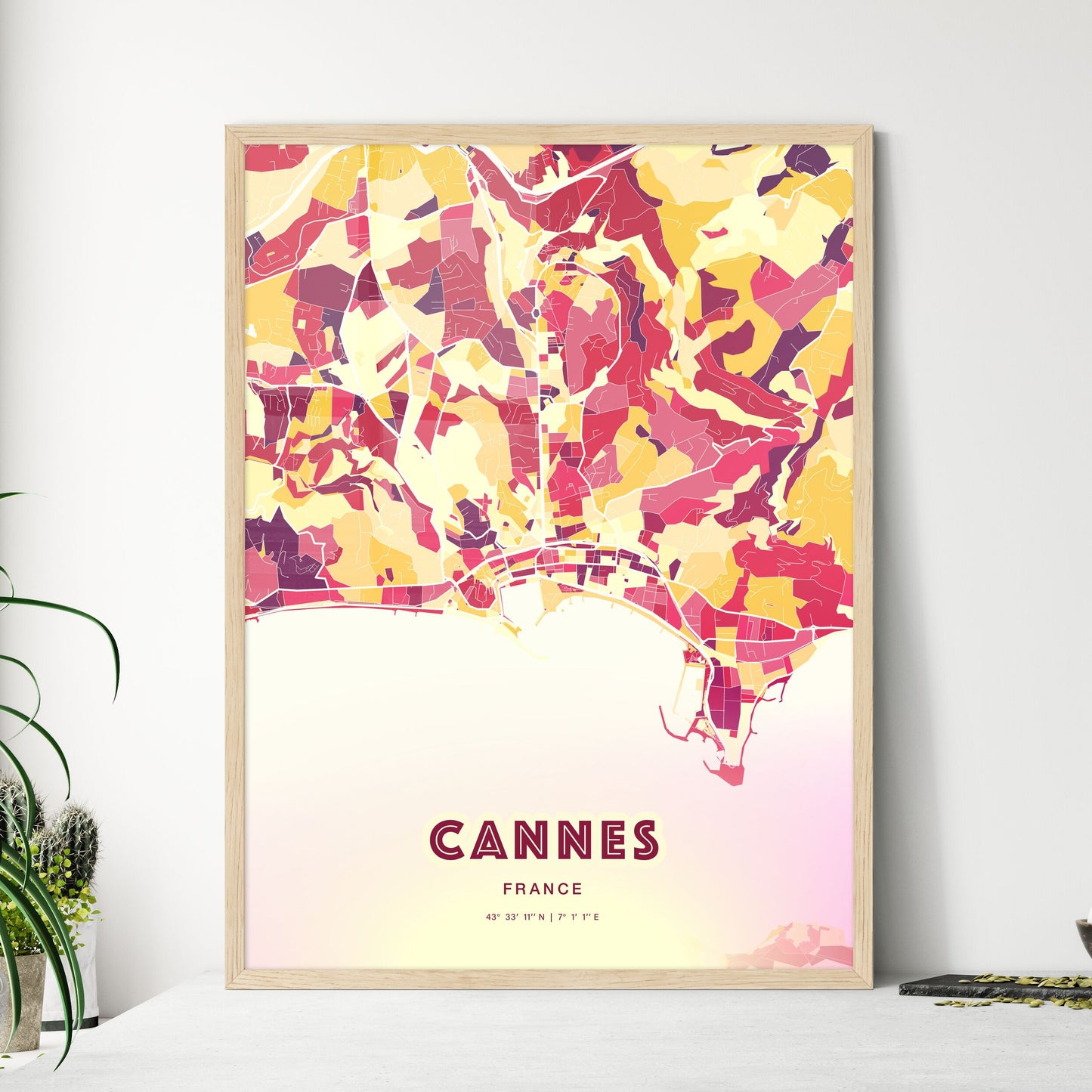 Colorful Cannes France Fine Art Map Hot Red