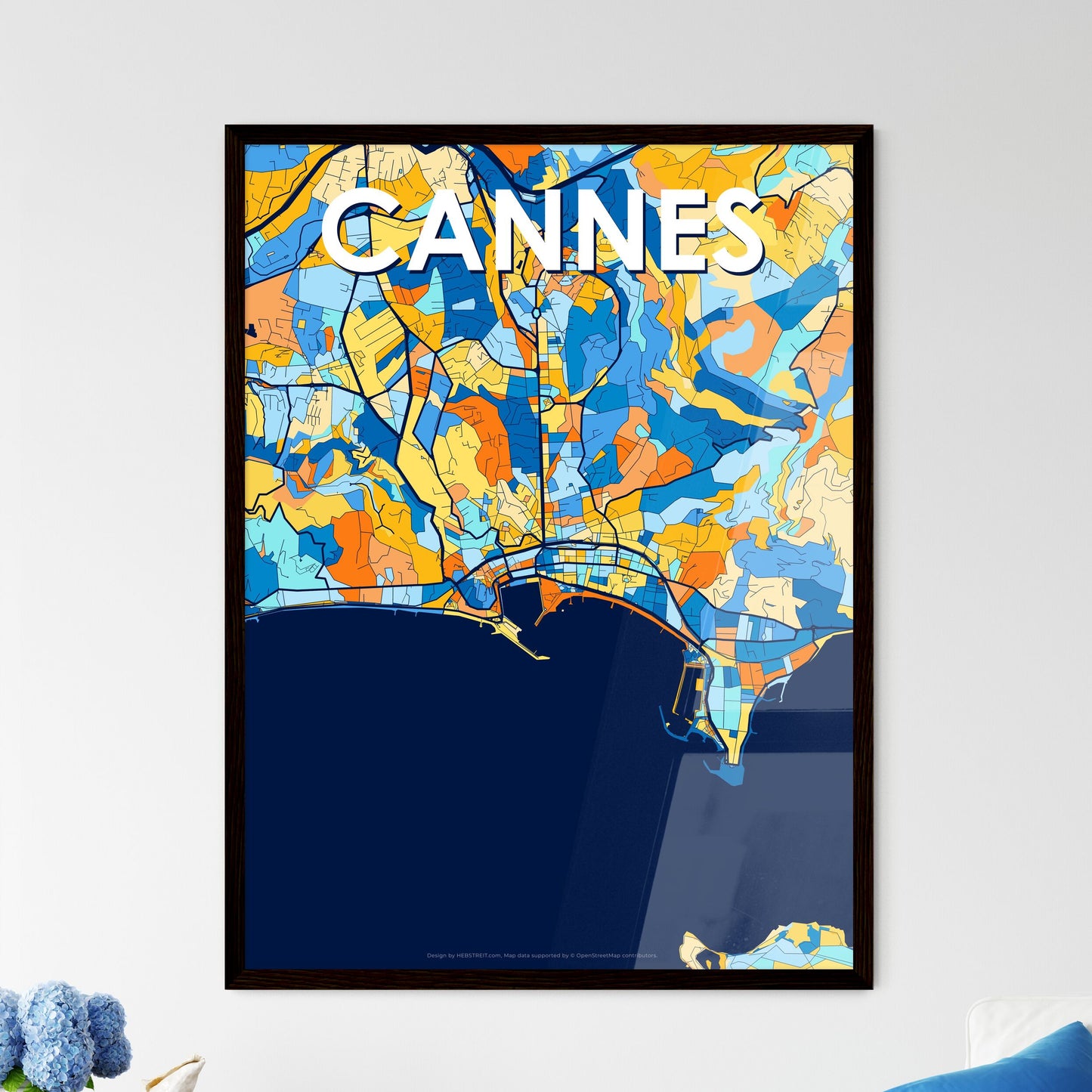 CANNES FRANCE Vibrant Colorful Art Map Poster Blue Orange