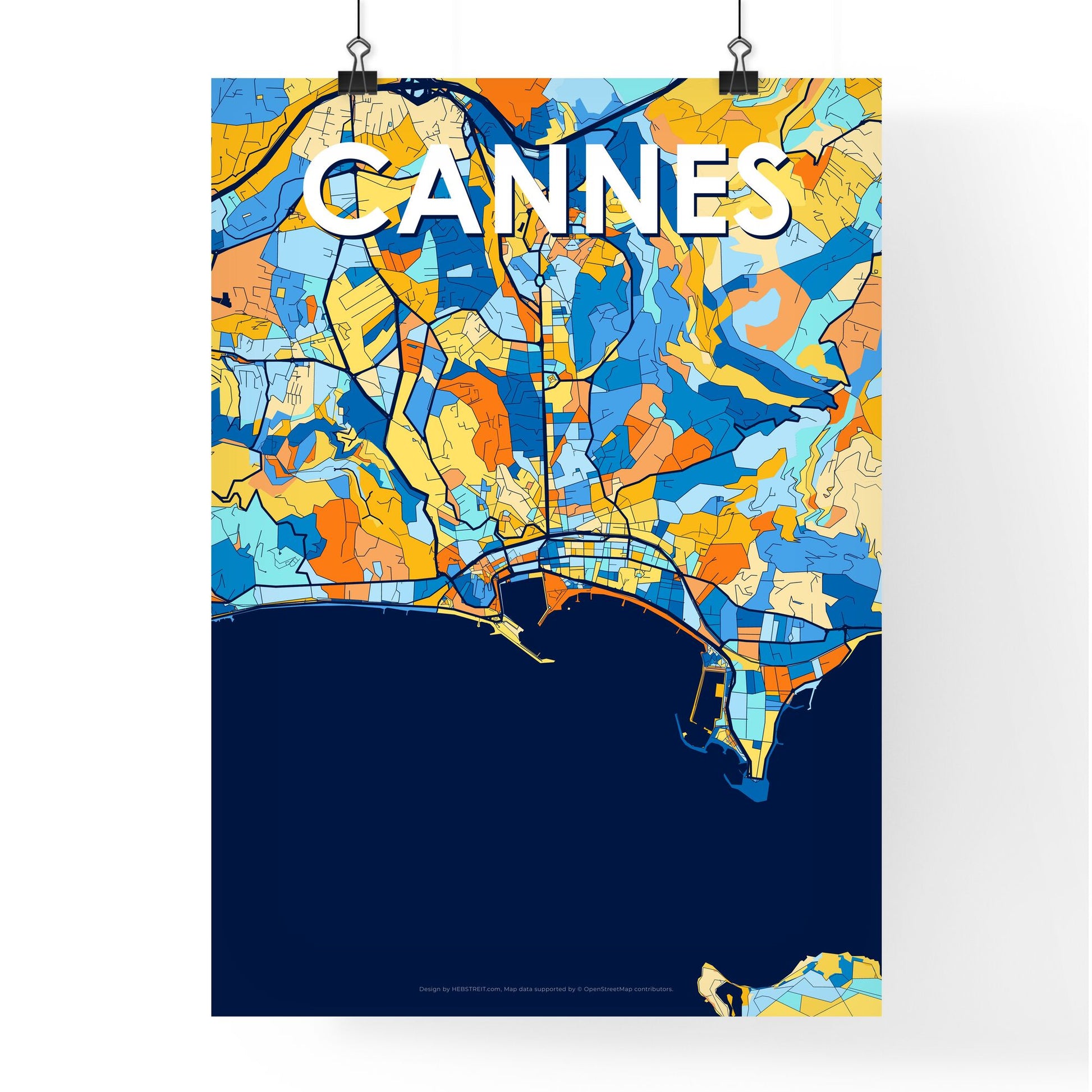 CANNES FRANCE Vibrant Colorful Art Map Poster Blue Orange