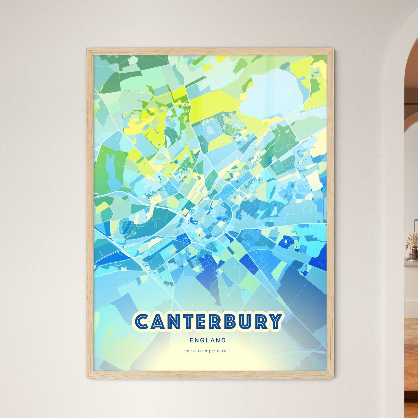 Colorful Canterbury England Fine Art Map Cool Blue