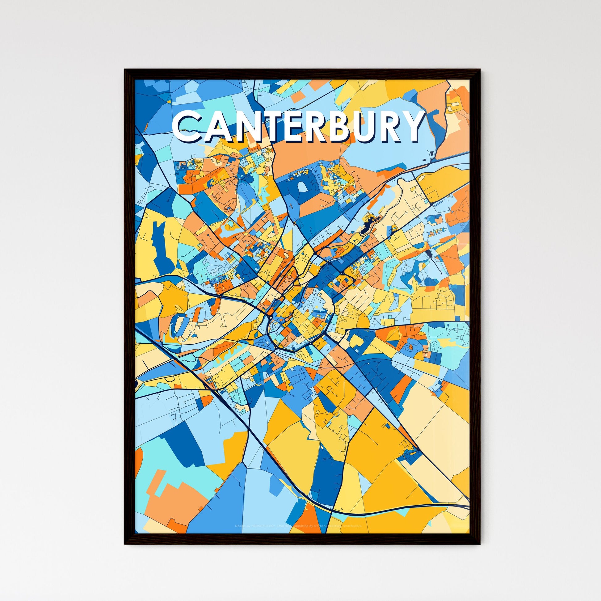 CANTERBURY ENGLAND Vibrant Colorful Art Map Poster Blue Orange