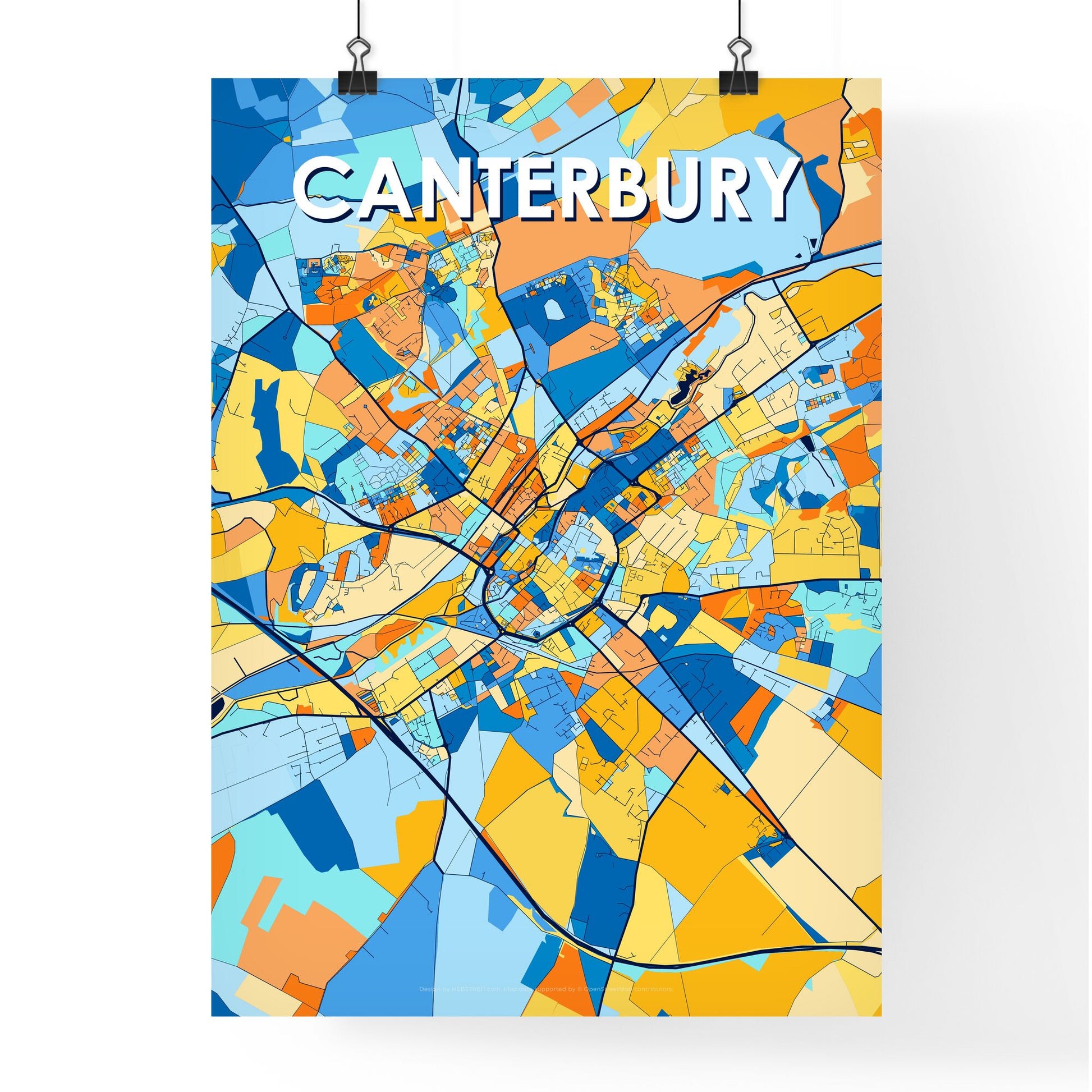 CANTERBURY ENGLAND Vibrant Colorful Art Map Poster Blue Orange