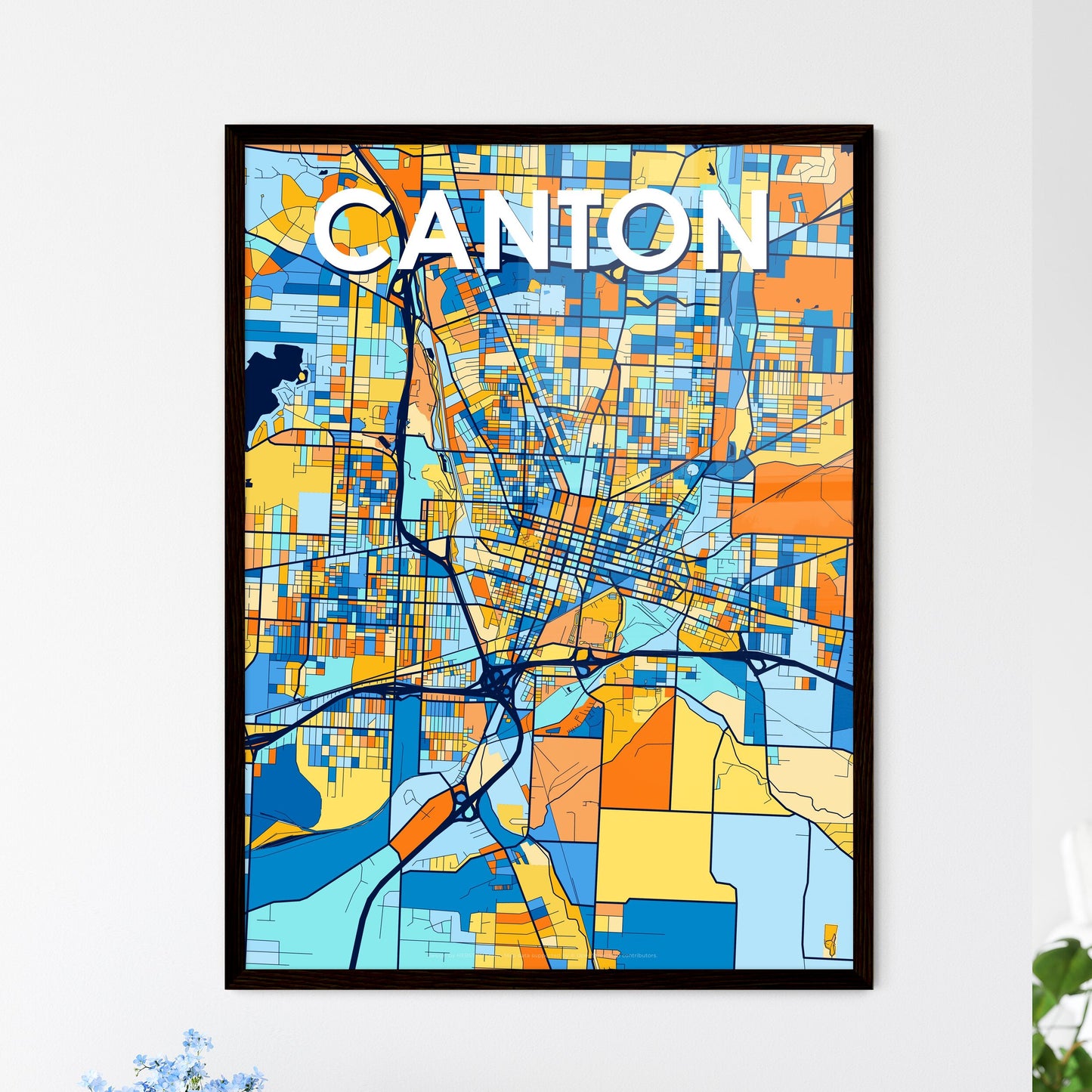 CANTON OHIO Vibrant Colorful Art Map Poster Blue Orange