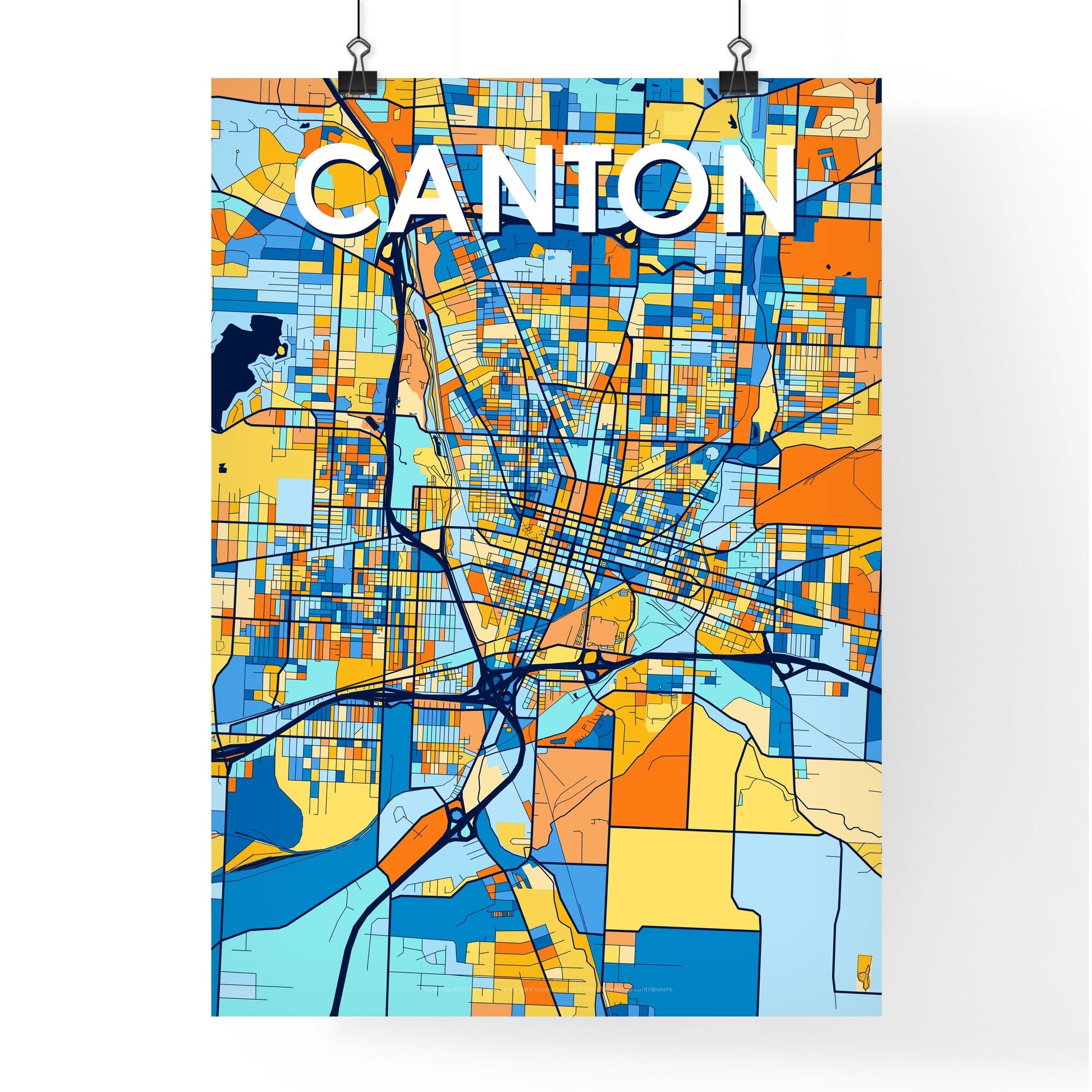 CANTON OHIO Vibrant Colorful Art Map Poster Blue Orange