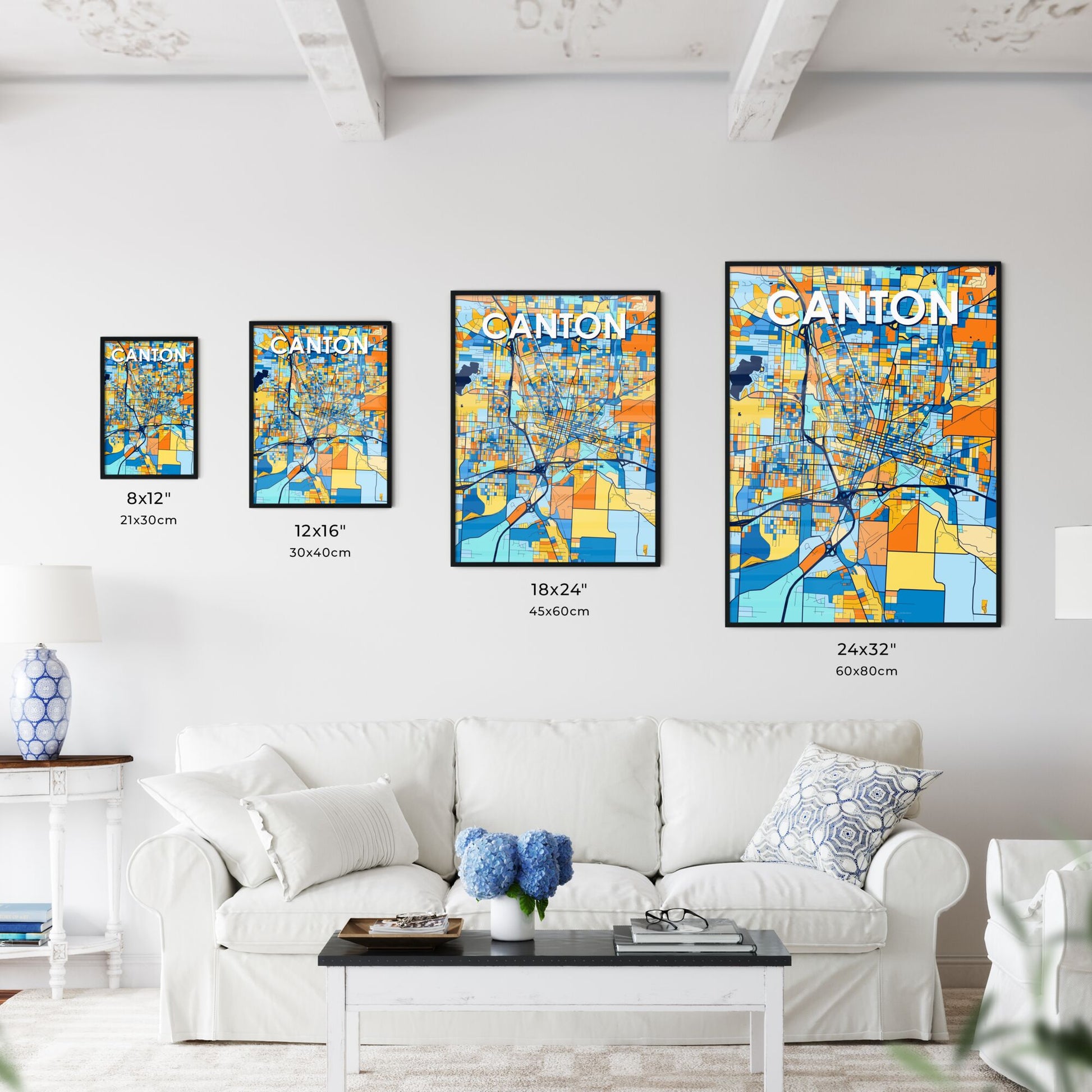 CANTON OHIO Vibrant Colorful Art Map Poster Blue Orange