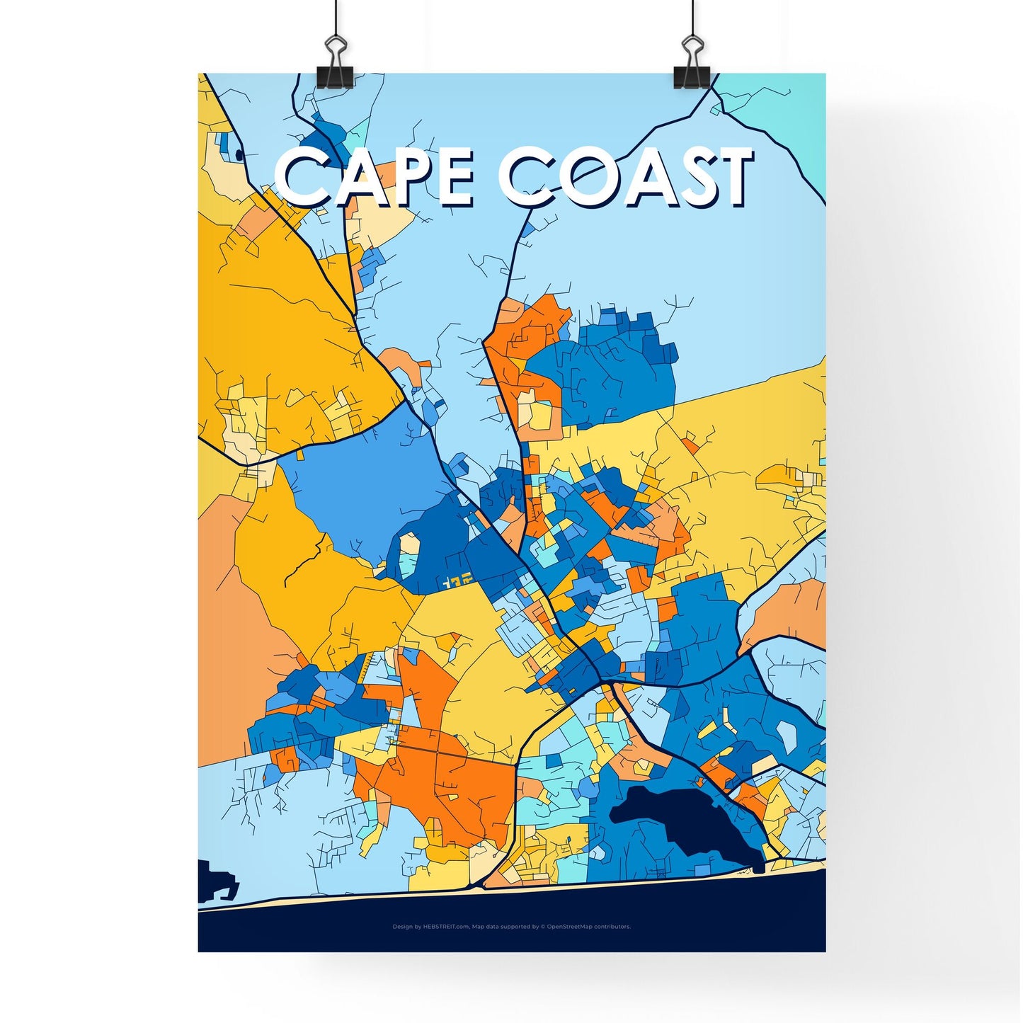 CAPE COAST GHANA Vibrant Colorful Art Map Poster Blue Orange