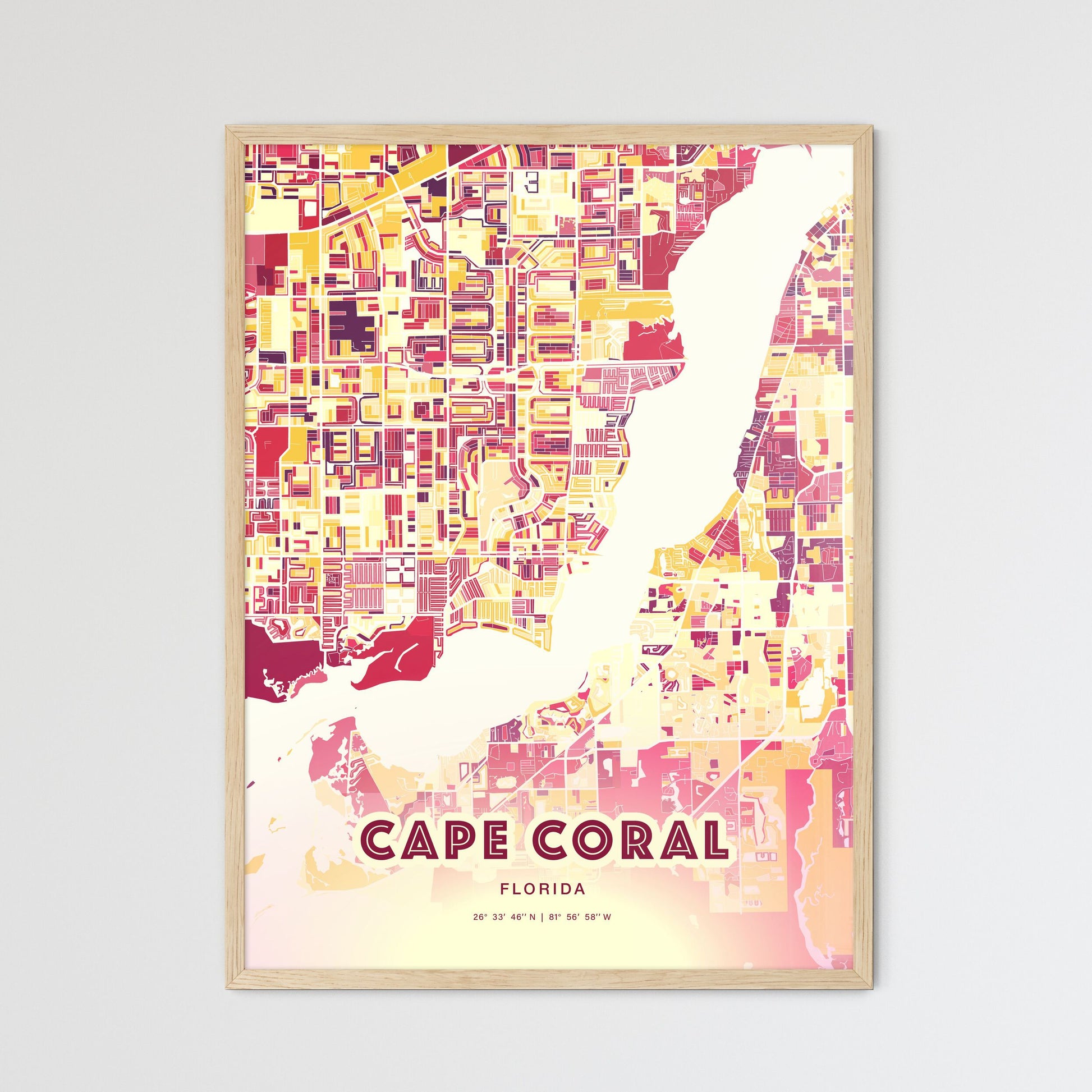 Colorful Cape Coral Florida Fine Art Map Hot Red
