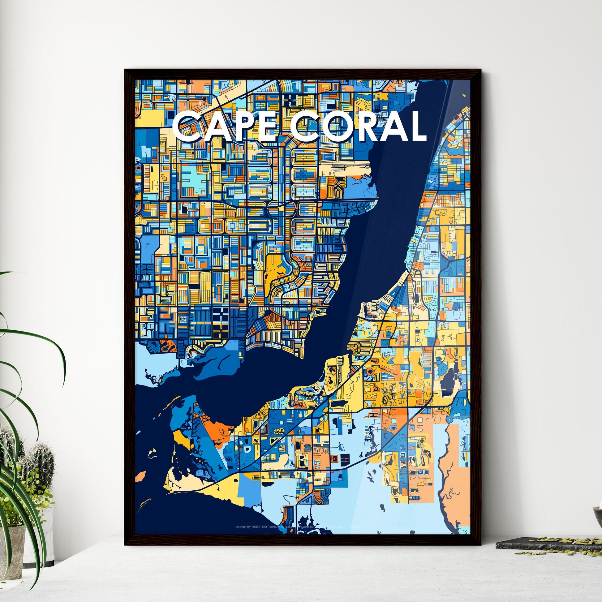 CAPE CORAL FLORIDA Vibrant Colorful Art Map Poster Blue Orange