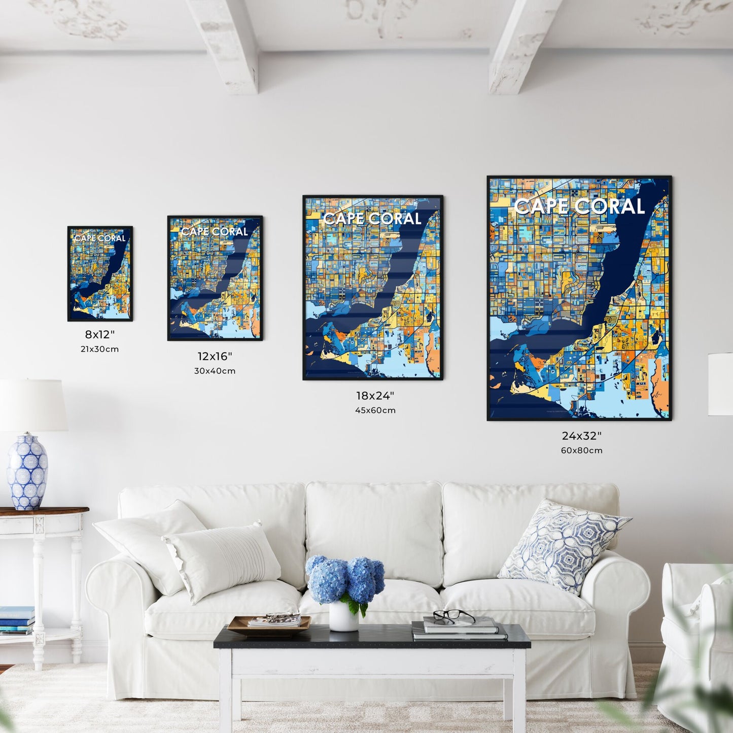 CAPE CORAL FLORIDA Vibrant Colorful Art Map Poster Blue Orange