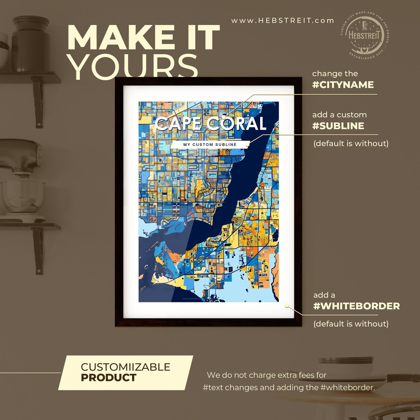 CAPE CORAL FLORIDA Vibrant Colorful Art Map Poster Blue Orange