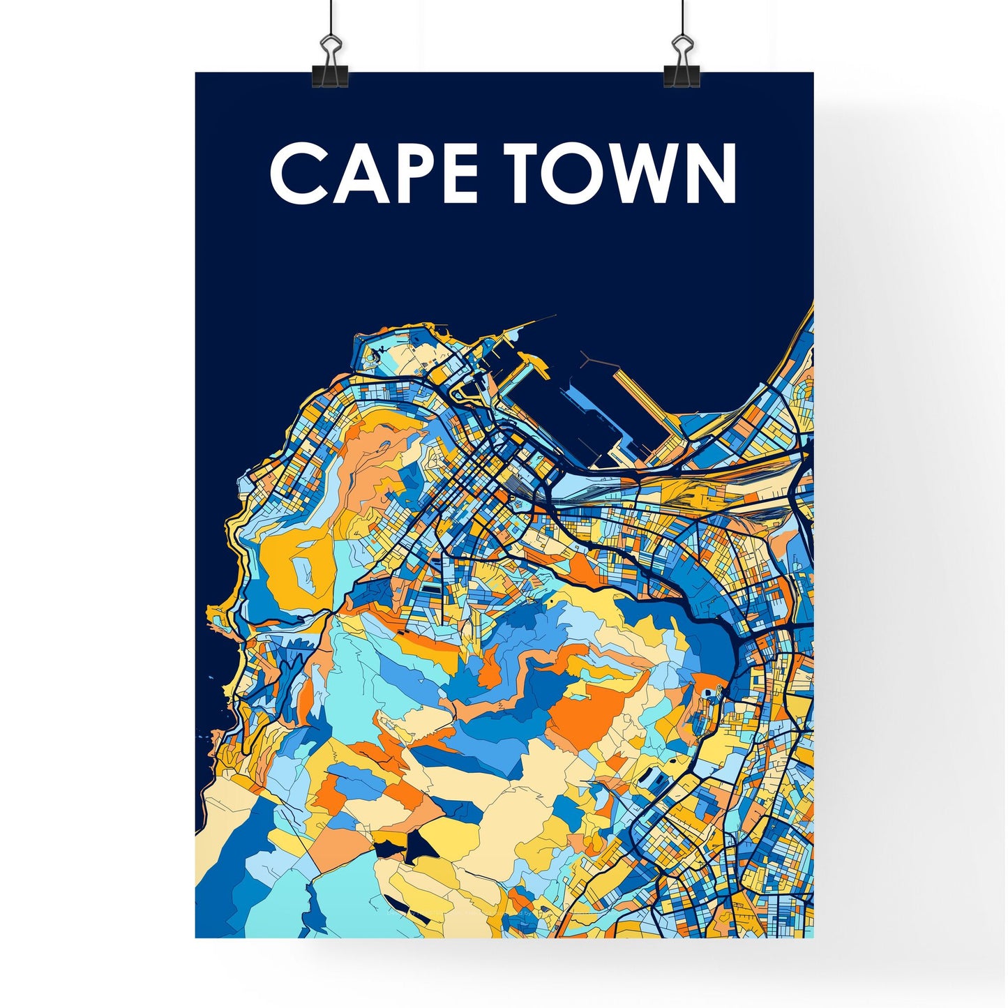 CAPE TOWN SOUTH AFRICA Vibrant Colorful Art Map Poster Blue Orange