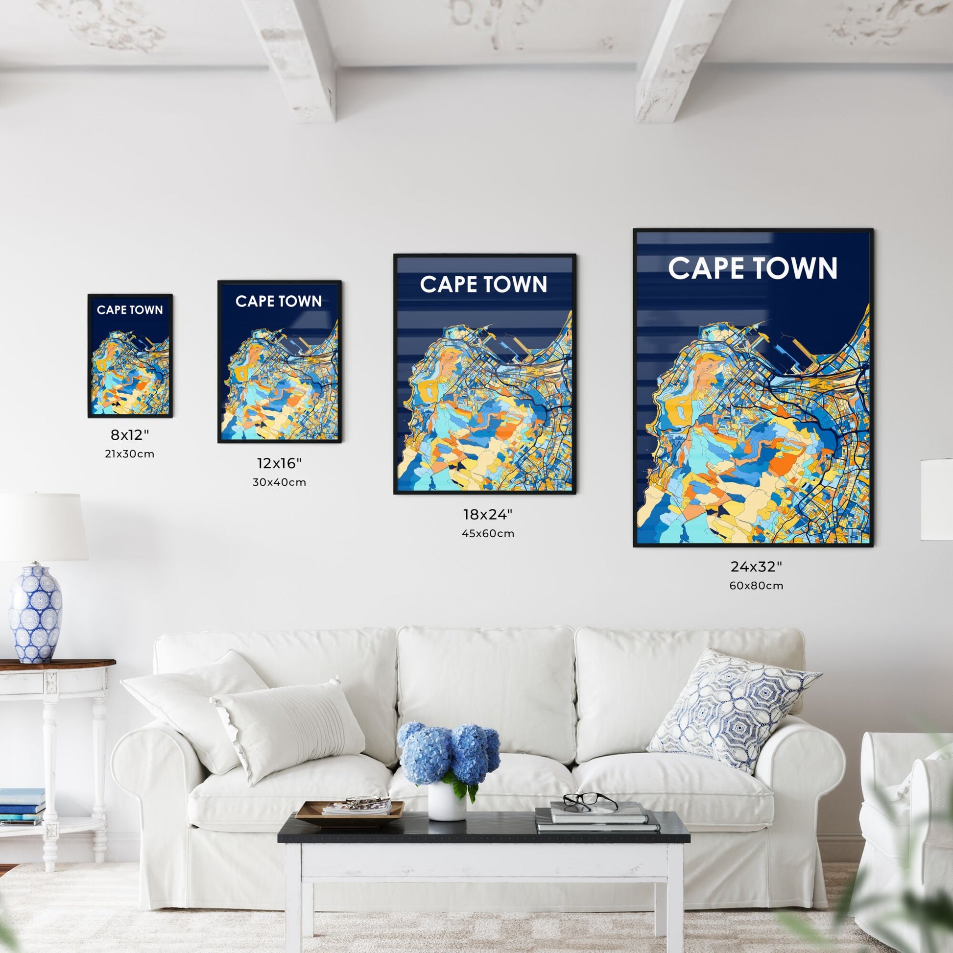 CAPE TOWN SOUTH AFRICA Vibrant Colorful Art Map Poster Blue Orange