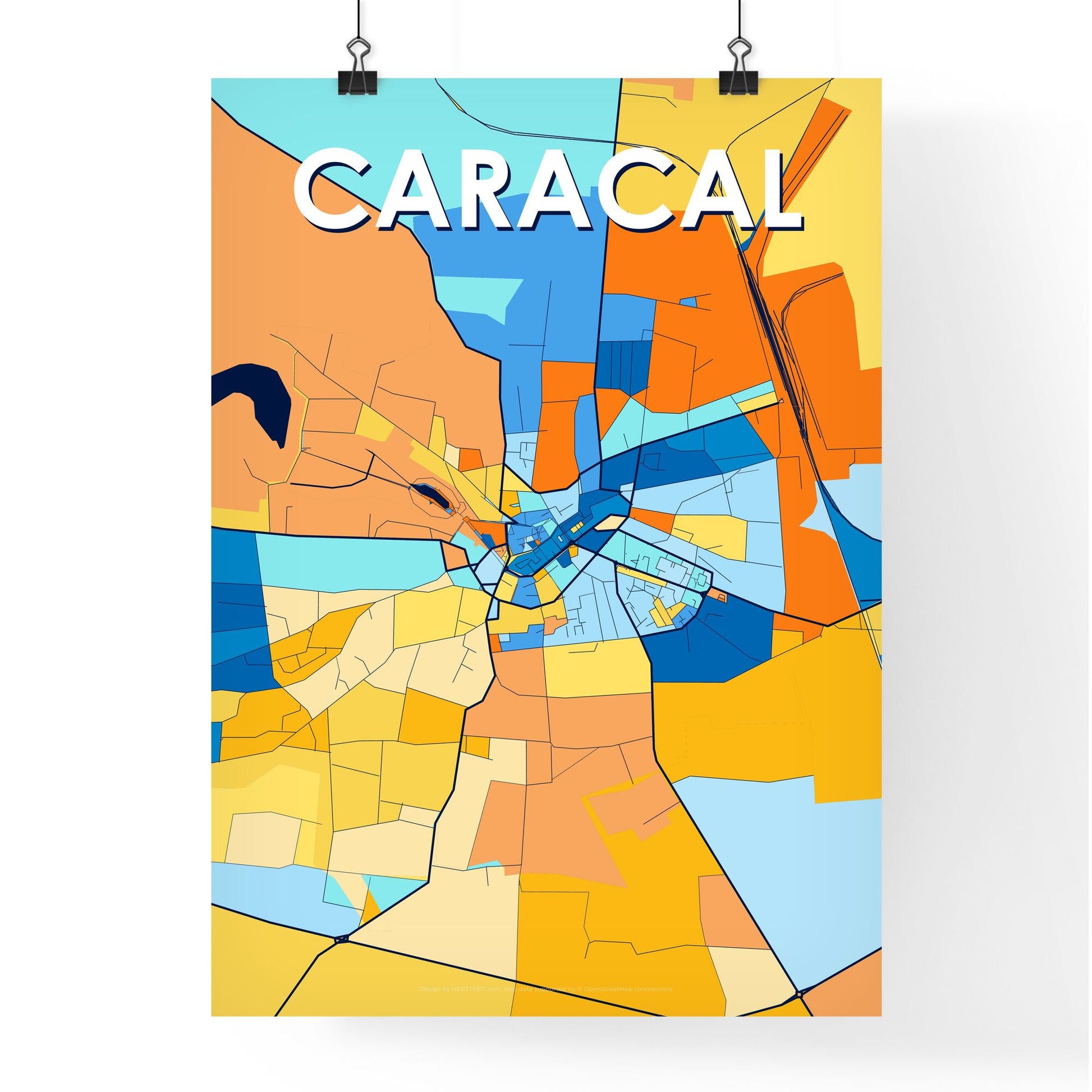 CARACAL ROMANIA Vibrant Colorful Art Map Poster Blue Orange