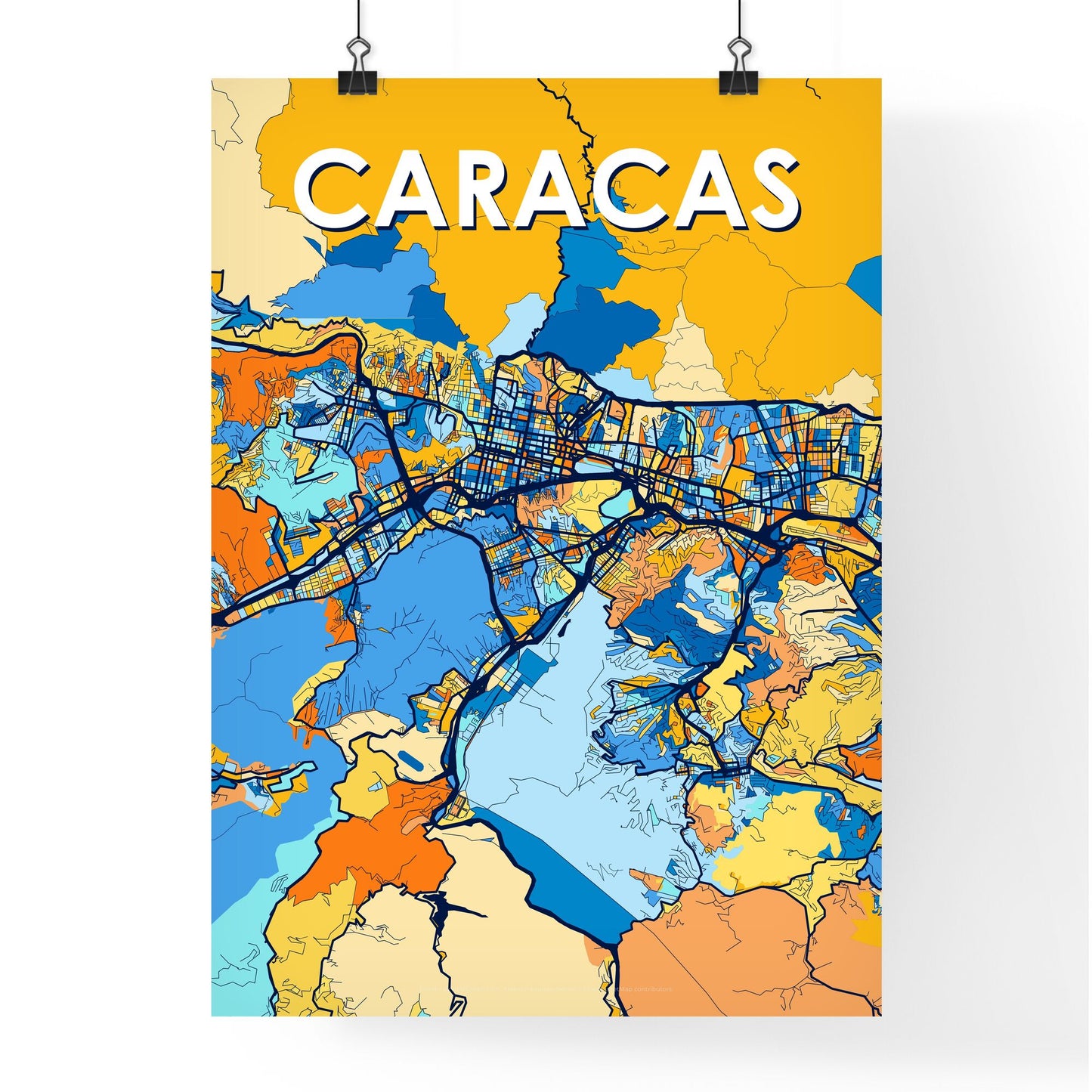 CARACAS VENEZUELA Vibrant Colorful Art Map Poster Blue Orange