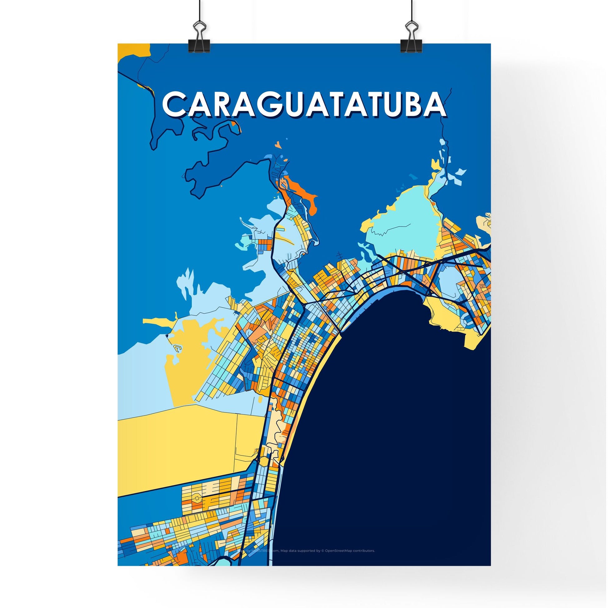 CARAGUATATUBA BRAZIL Vibrant Colorful Art Map Poster Blue Orange