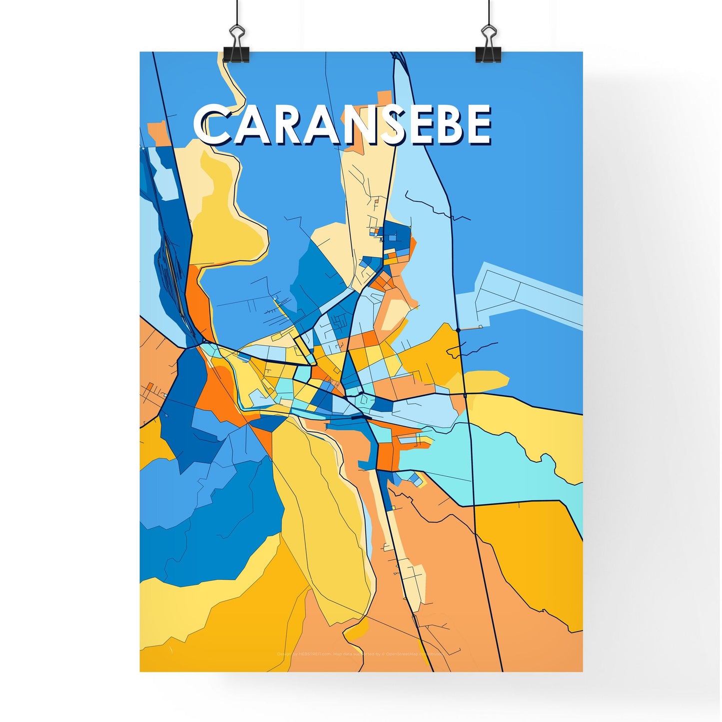 CARANSEBEȘ ROMANIA Vibrant Colorful Art Map Poster Blue Orange