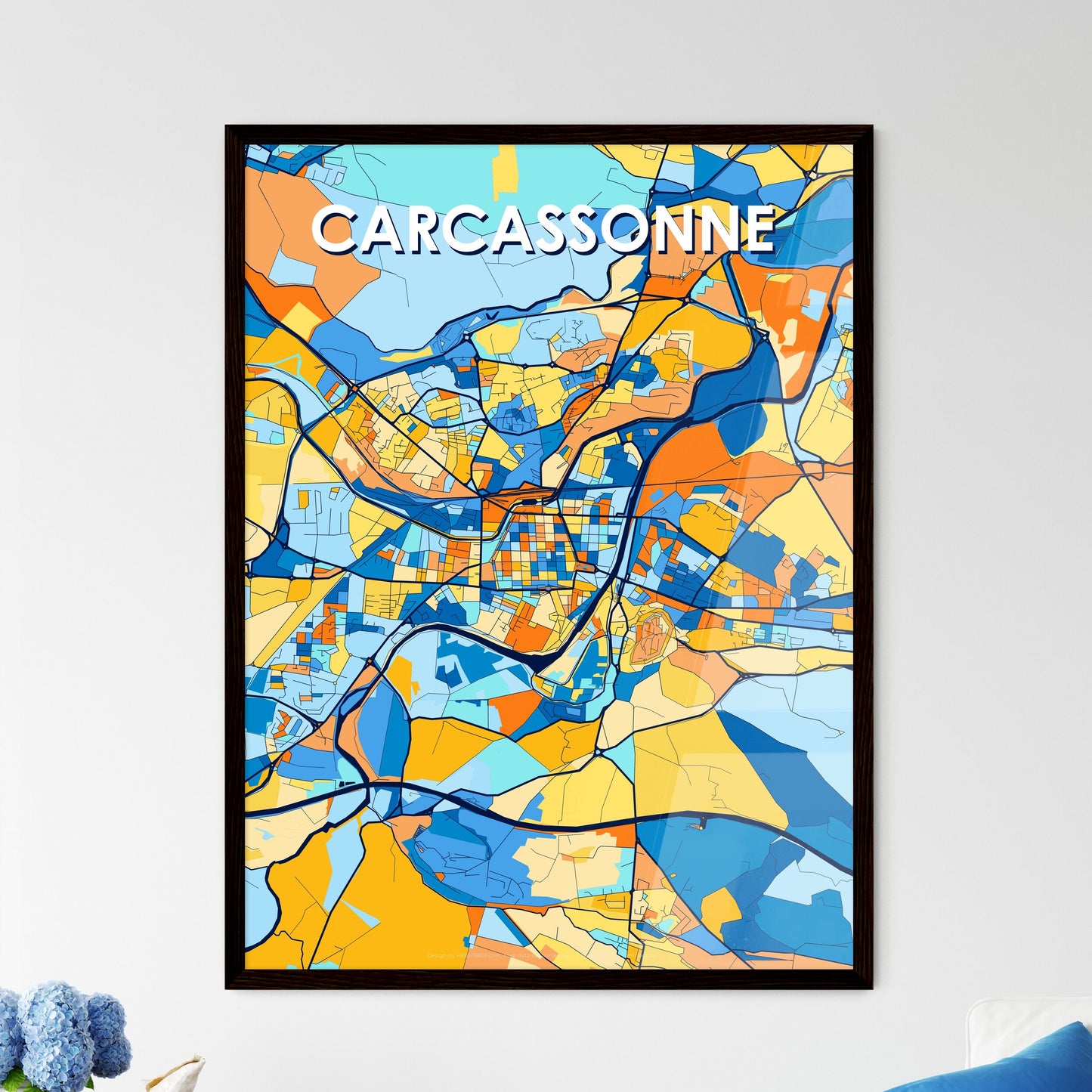 CARCASSONNE FRANCE Vibrant Colorful Art Map Poster Blue Orange