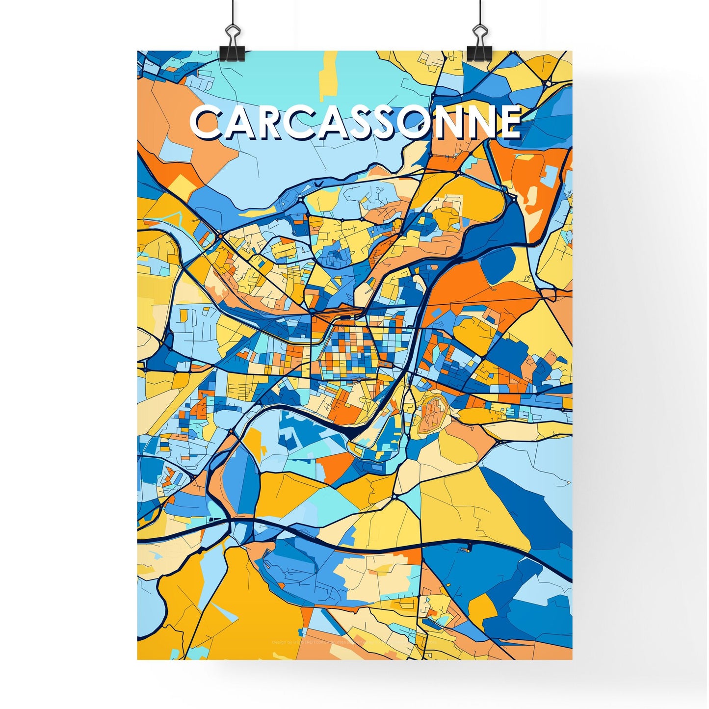 CARCASSONNE FRANCE Vibrant Colorful Art Map Poster Blue Orange