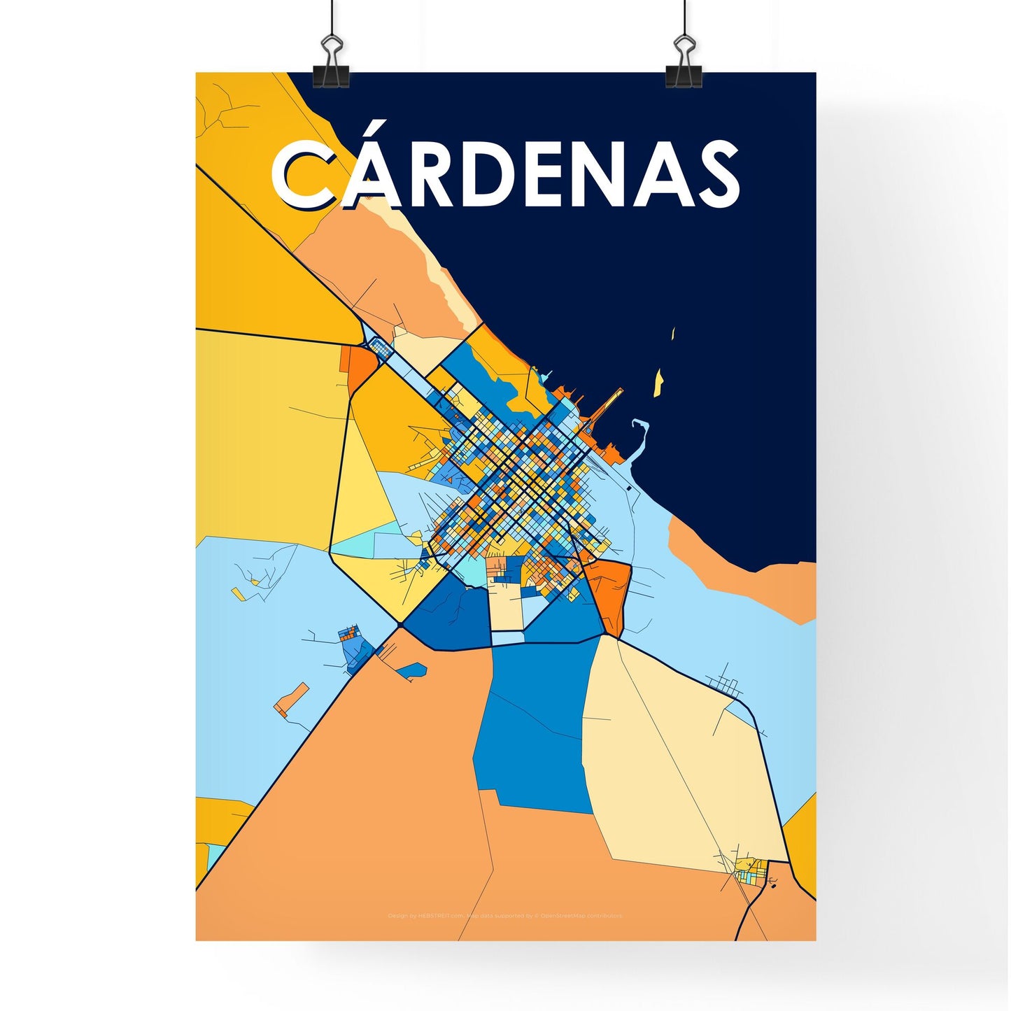 CÁRDENAS CUBA Vibrant Colorful Art Map Poster Blue Orange