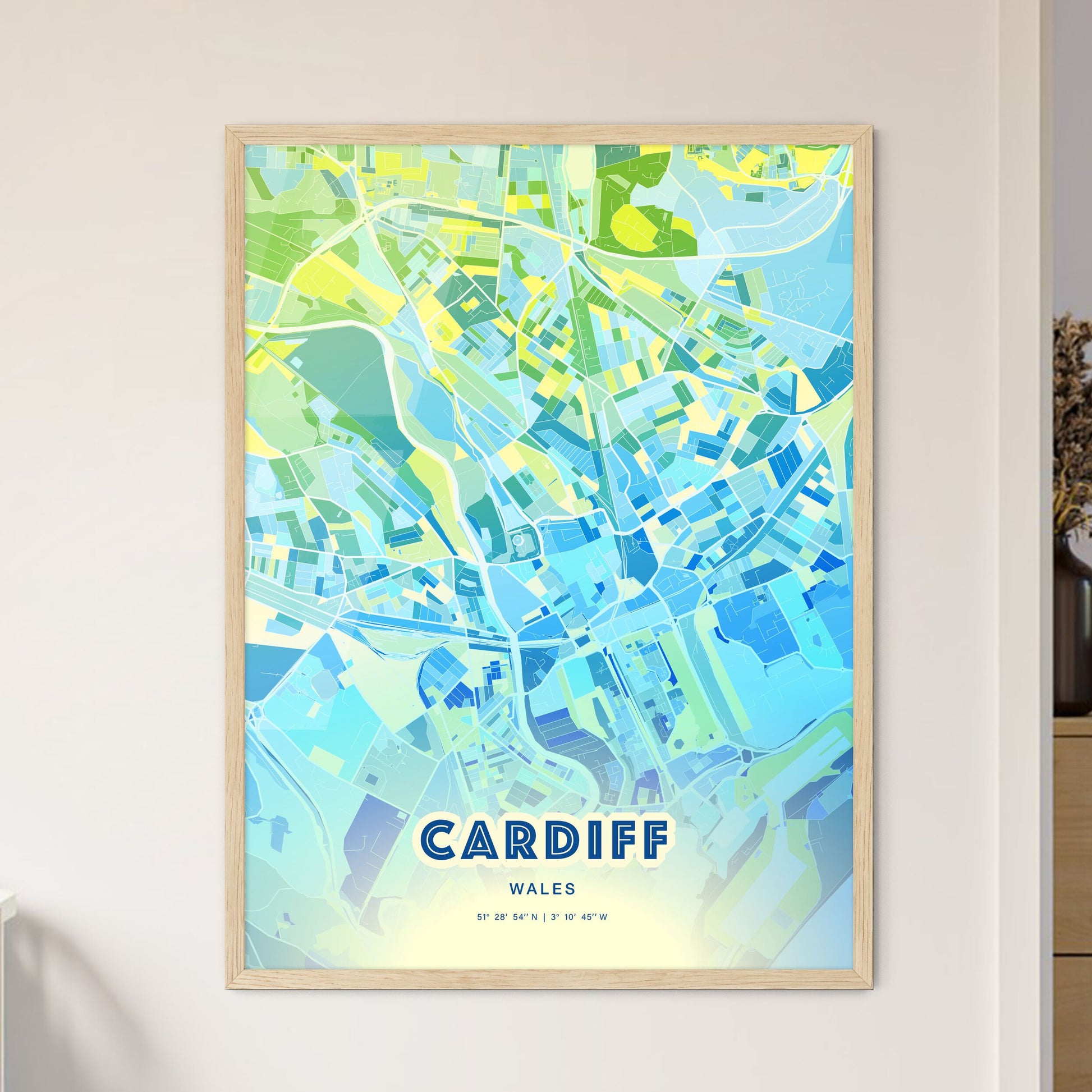 Colorful Cardiff Wales Fine Art Map Cool Blue