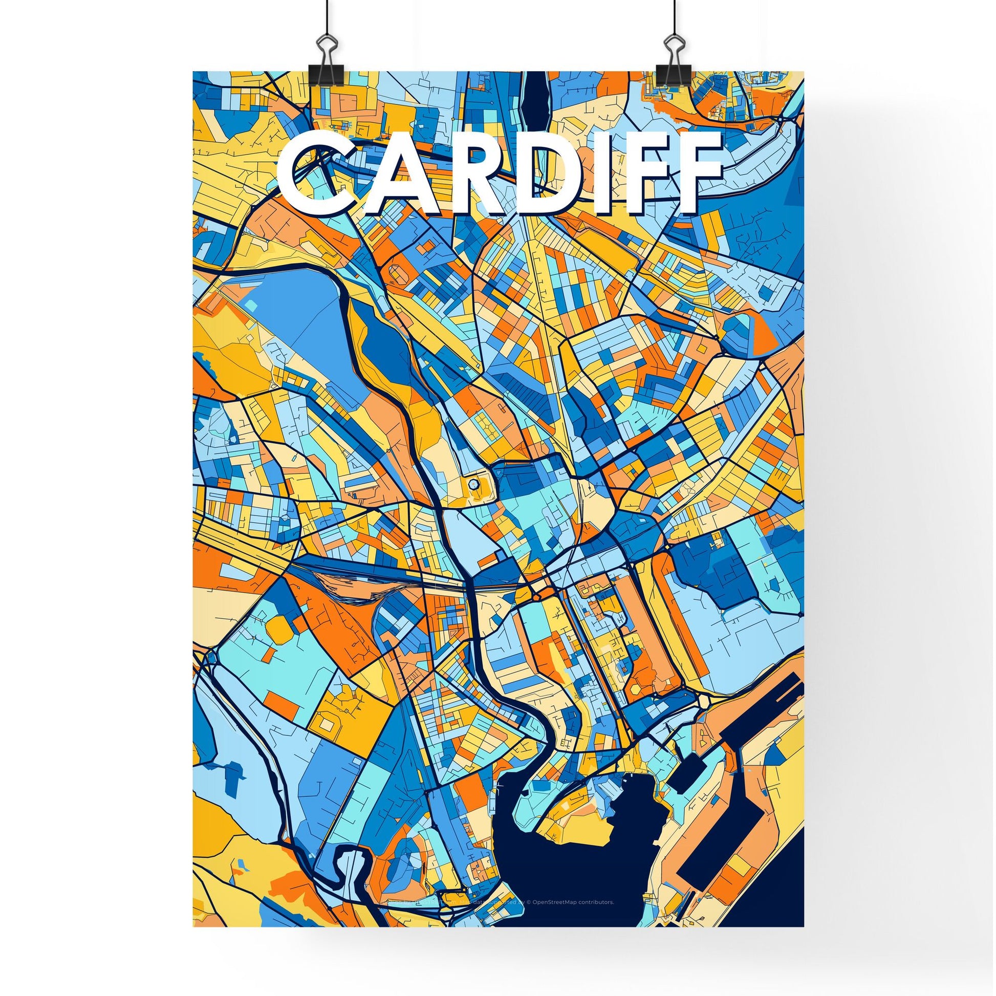 CARDIFF WALES Vibrant Colorful Art Map Poster Blue Orange