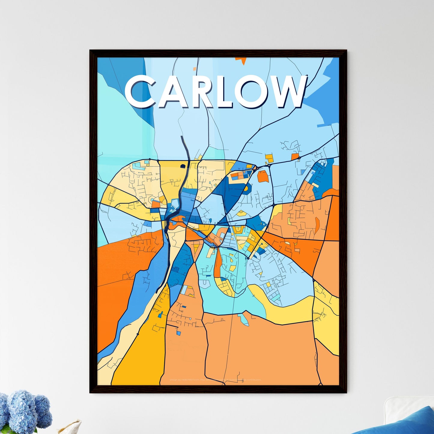 CARLOW IRELAND Vibrant Colorful Art Map Poster Blue Orange