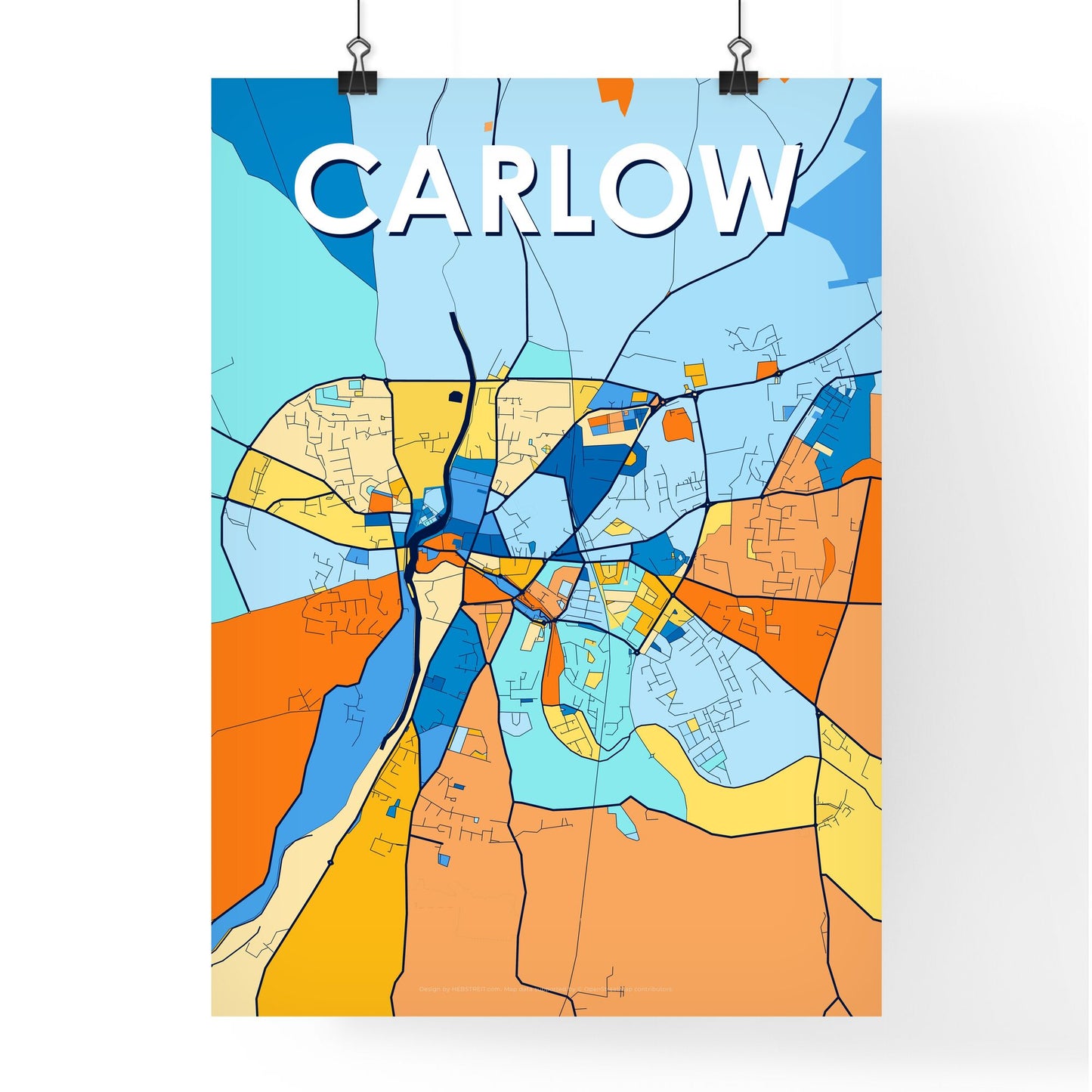 CARLOW IRELAND Vibrant Colorful Art Map Poster Blue Orange