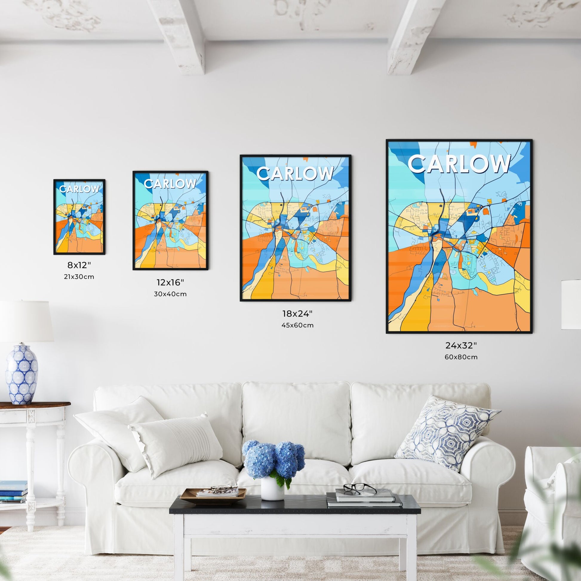 CARLOW IRELAND Vibrant Colorful Art Map Poster Blue Orange