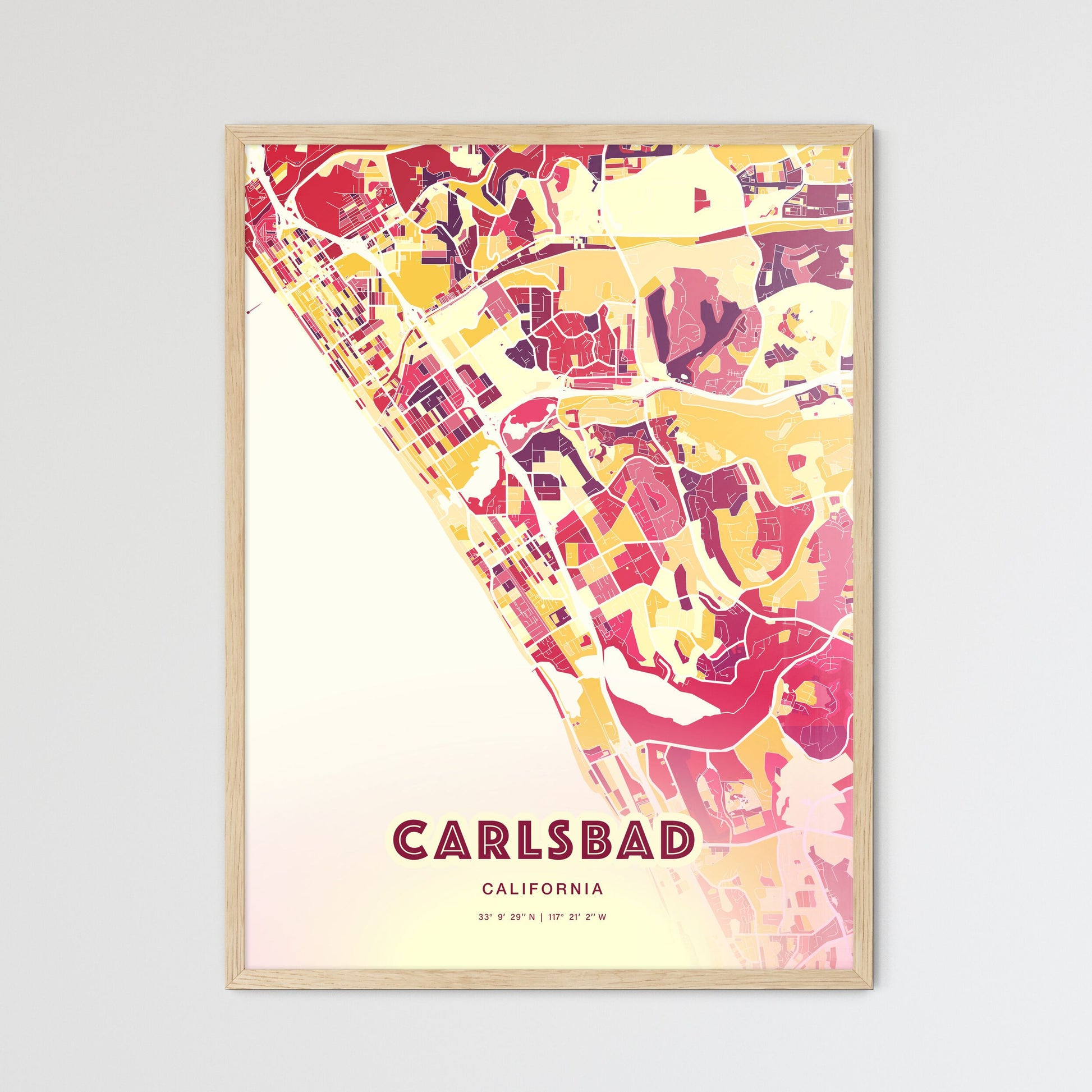 Colorful Carlsbad California Fine Art Map Hot Red