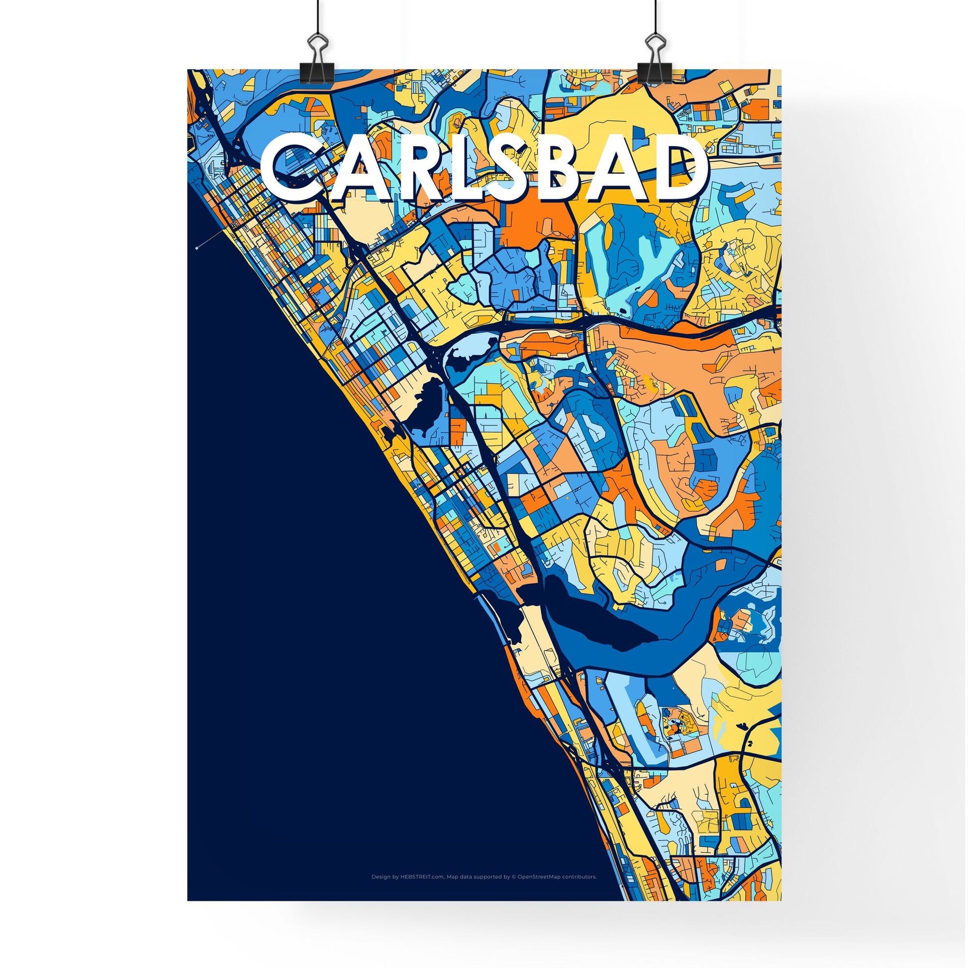 CARLSBAD CALIFORNIA Vibrant Colorful Art Map Poster Blue Orange