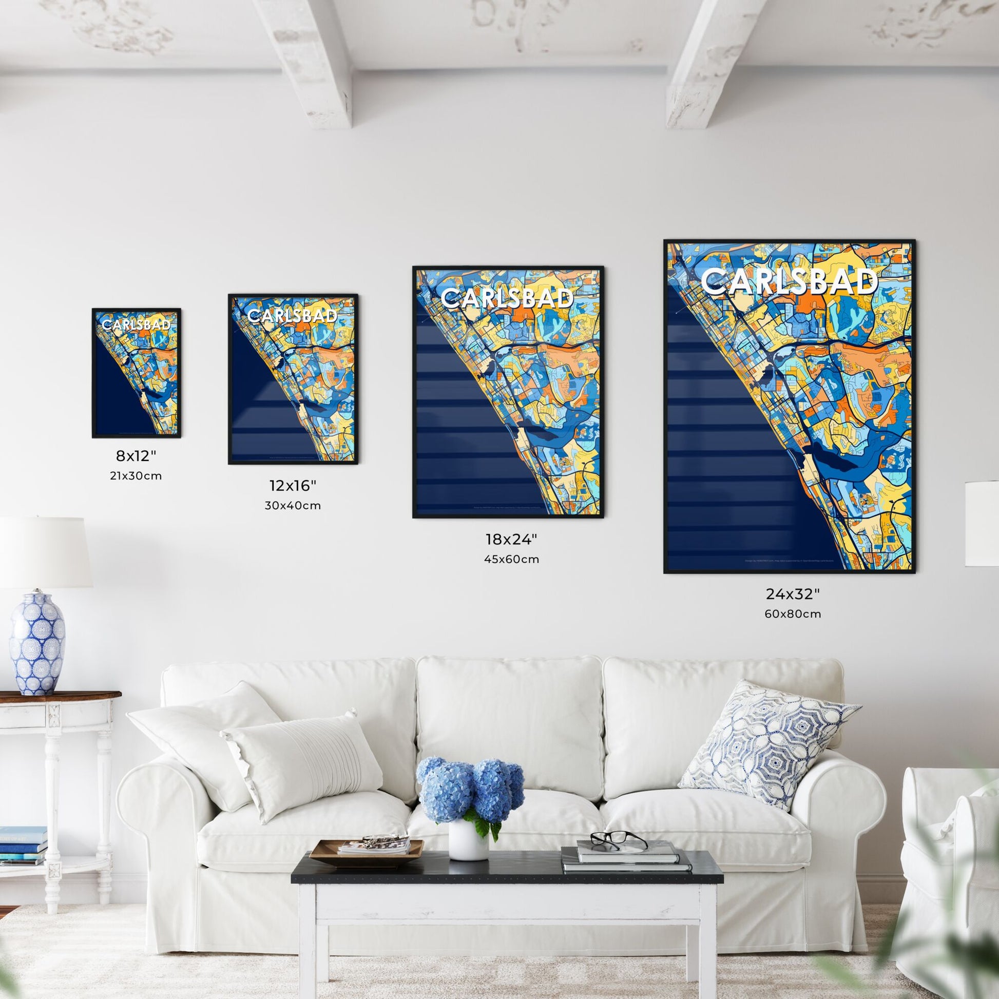 CARLSBAD CALIFORNIA Vibrant Colorful Art Map Poster Blue Orange