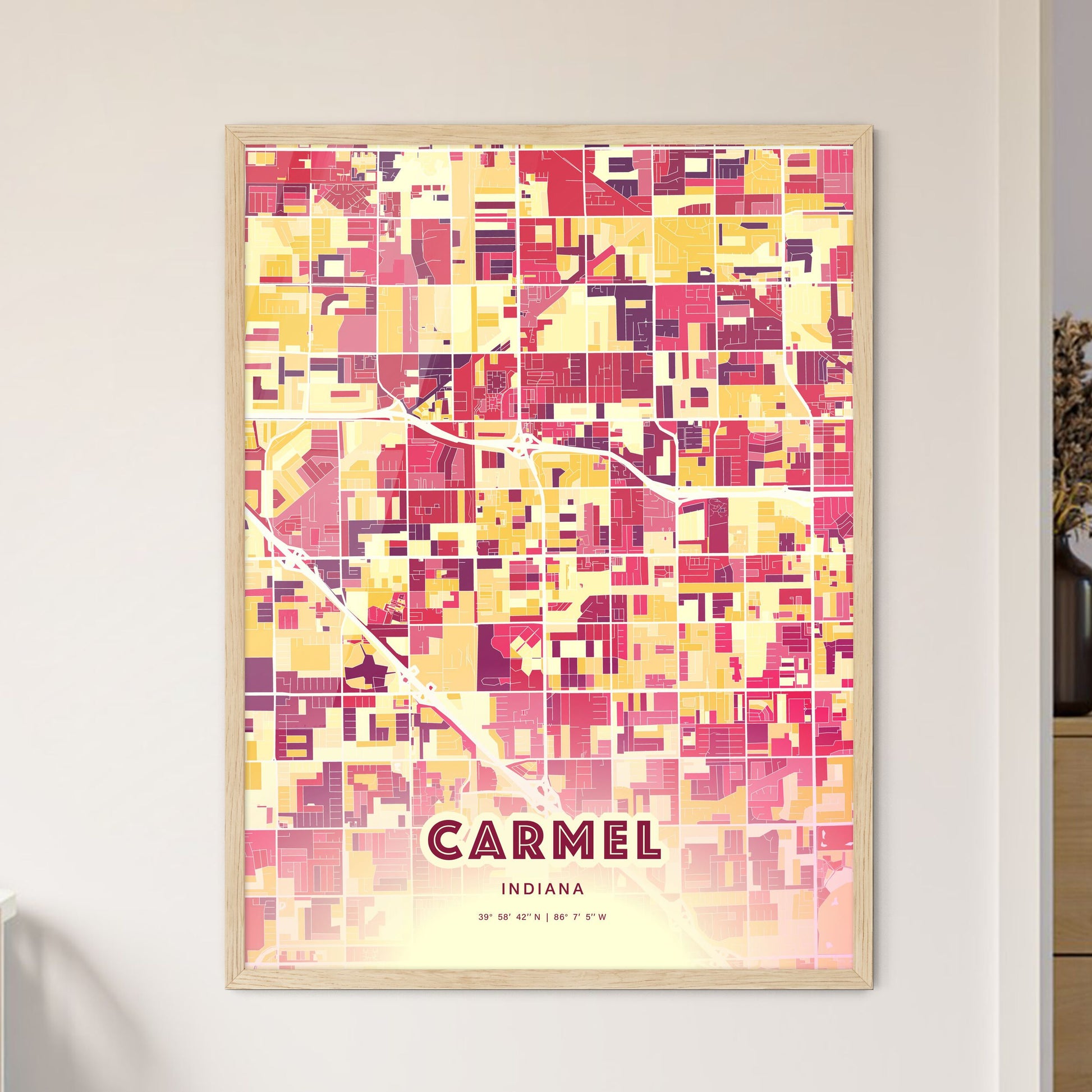 Colorful Carmel Indiana Fine Art Map Hot Red