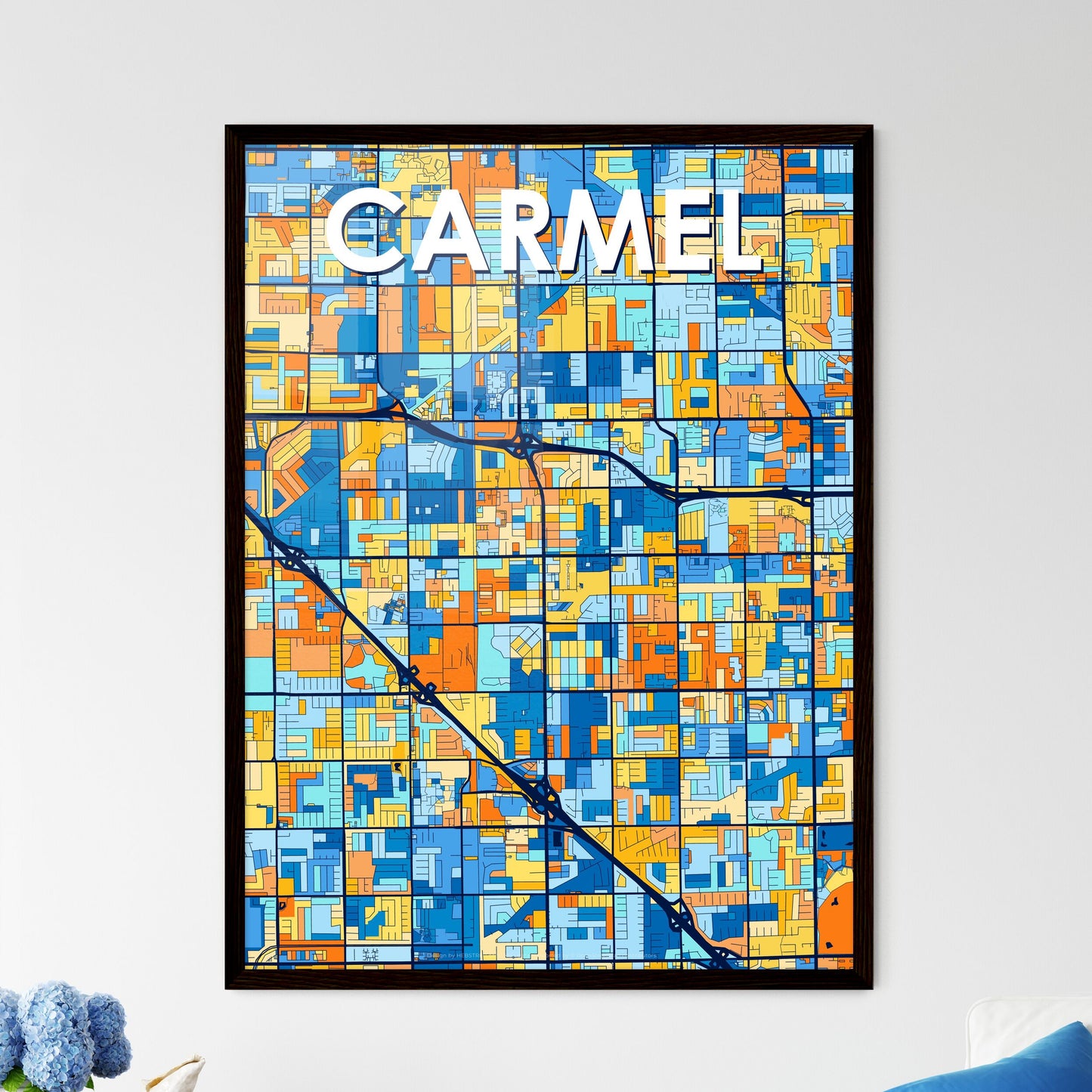 CARMEL INDIANA Vibrant Colorful Art Map Poster Blue Orange