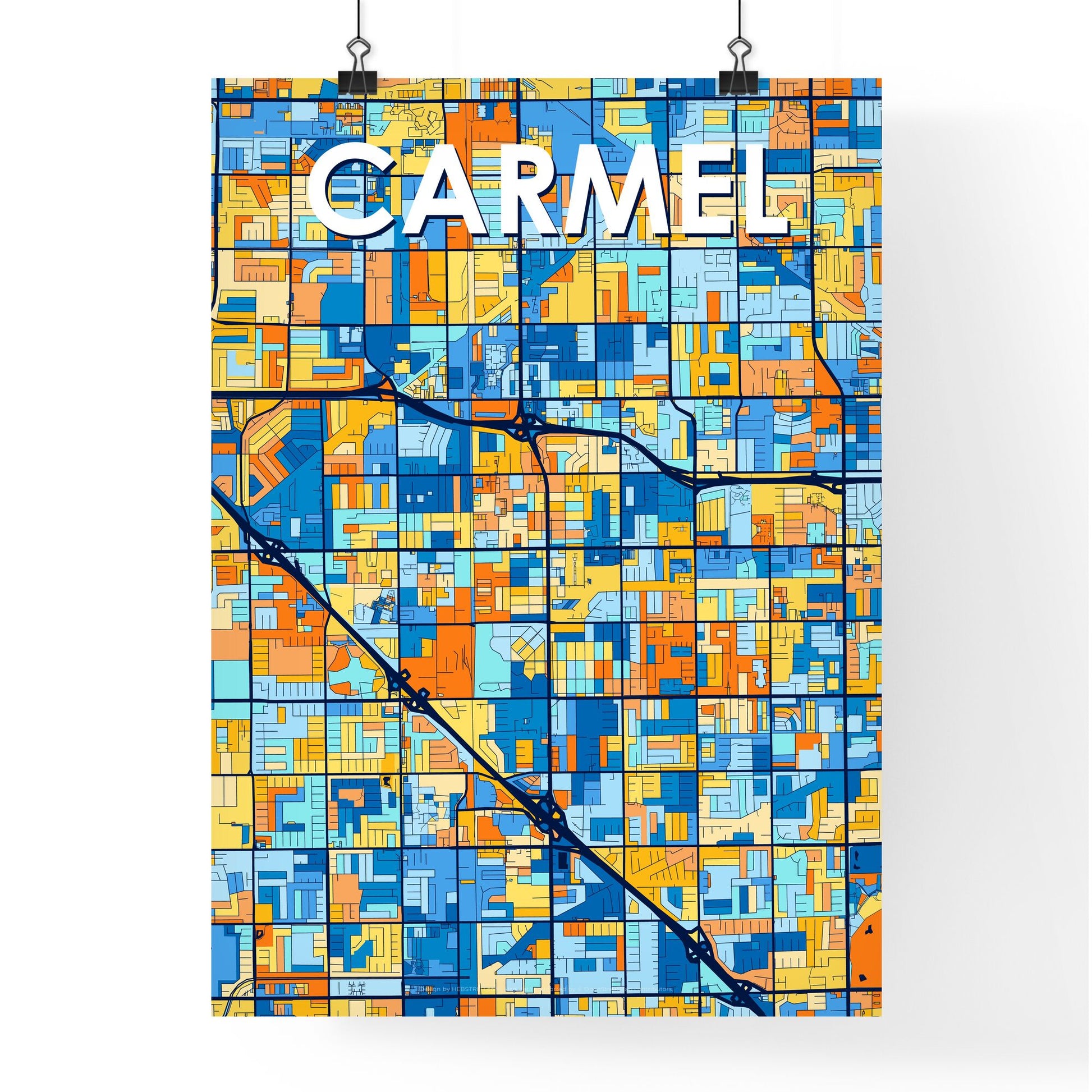 CARMEL INDIANA Vibrant Colorful Art Map Poster Blue Orange