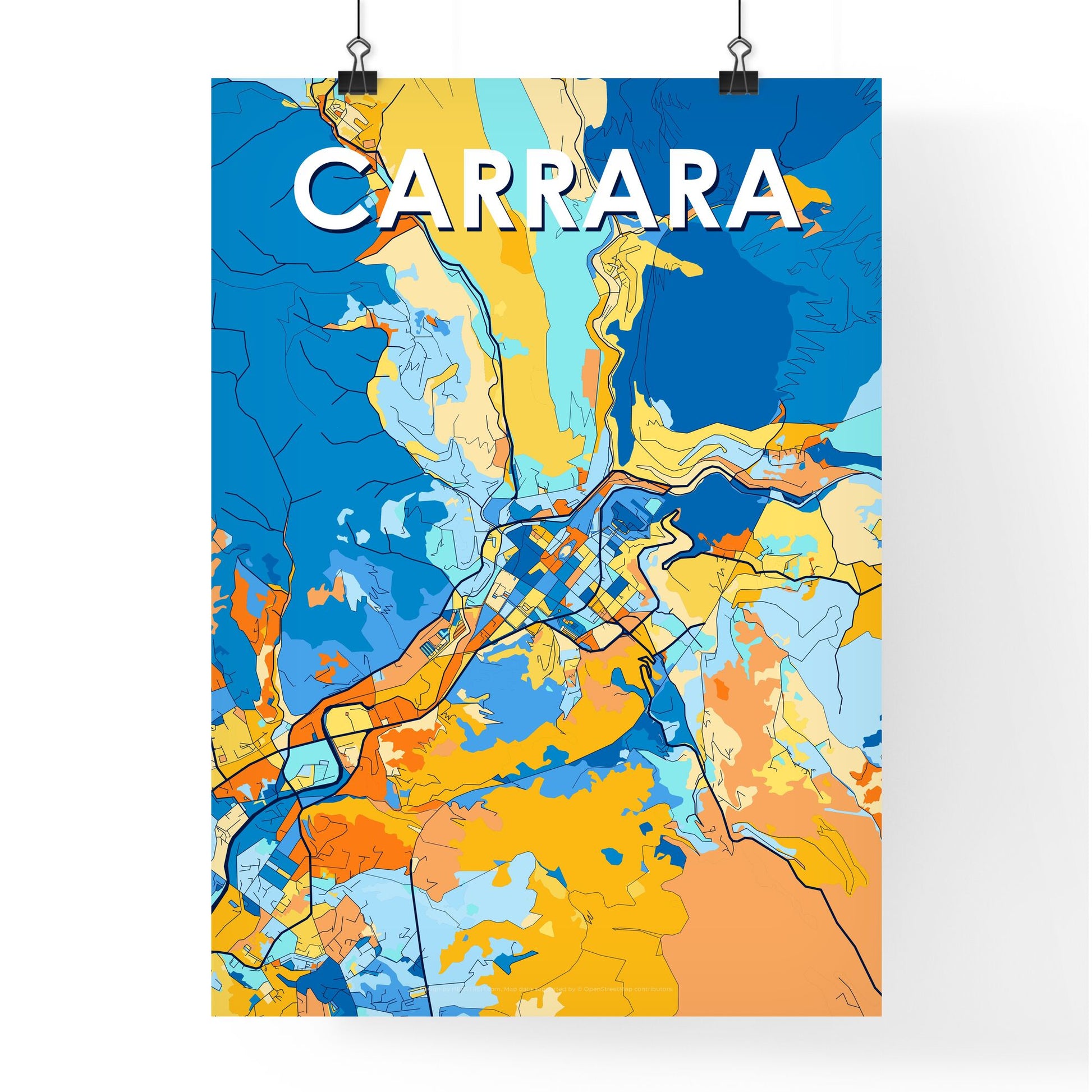 CARRARA ITALY Vibrant Colorful Art Map Poster Blue Orange