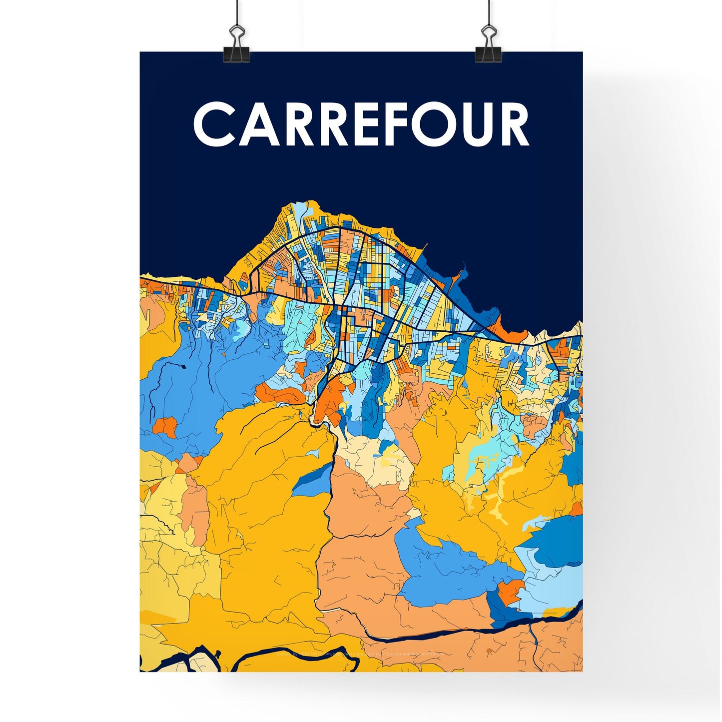 CARREFOUR HAITI Vibrant Colorful Art Map Poster Blue Orange