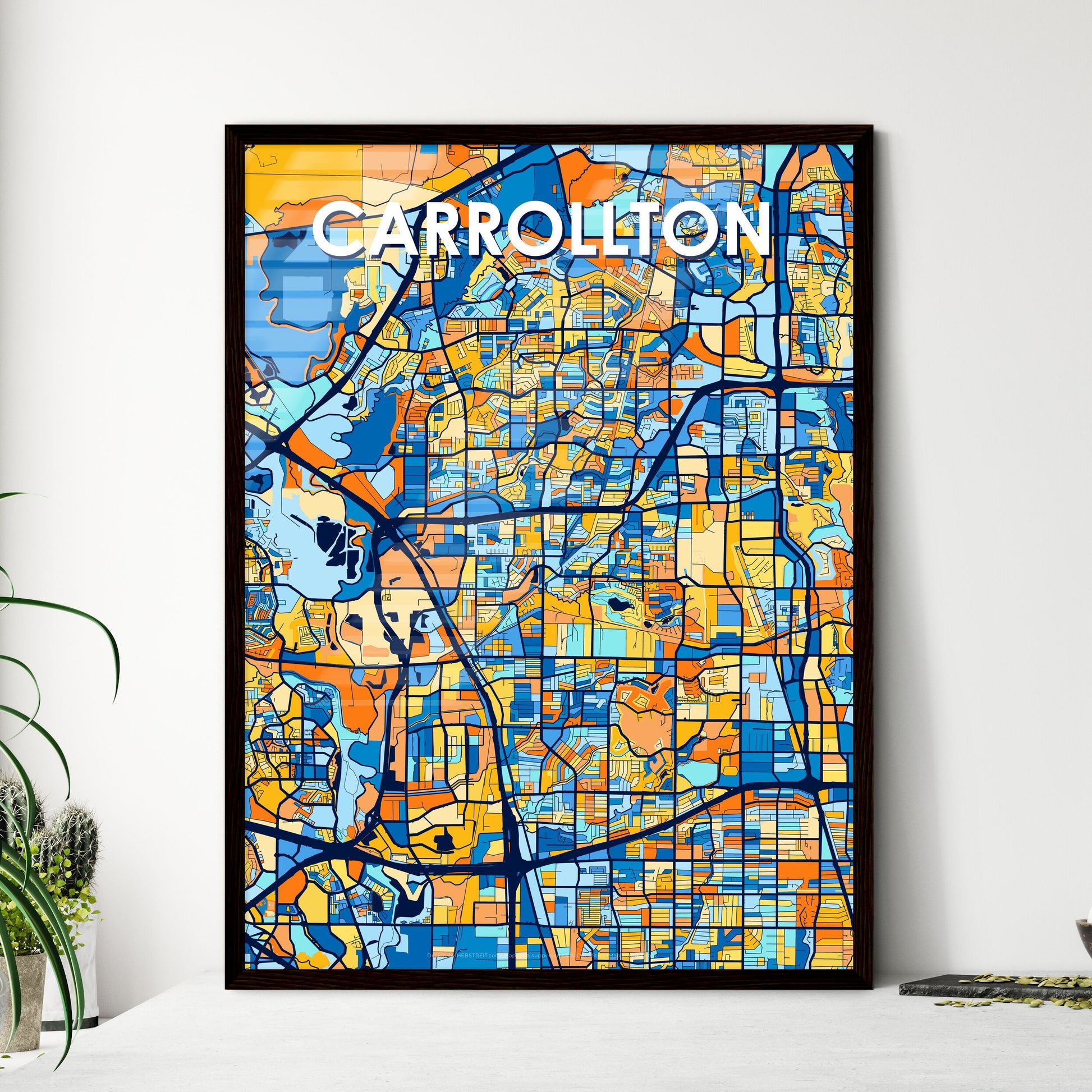 CARROLLTON TEXAS Vibrant Colorful Art Map Poster Blue Orange